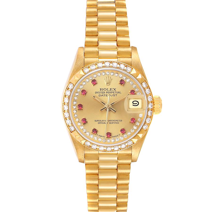 The Rolex President 69268 Women's Yellow Gold Champagne Dial model watch is shown from a front angle, displaying the face, bracelet, and crown.