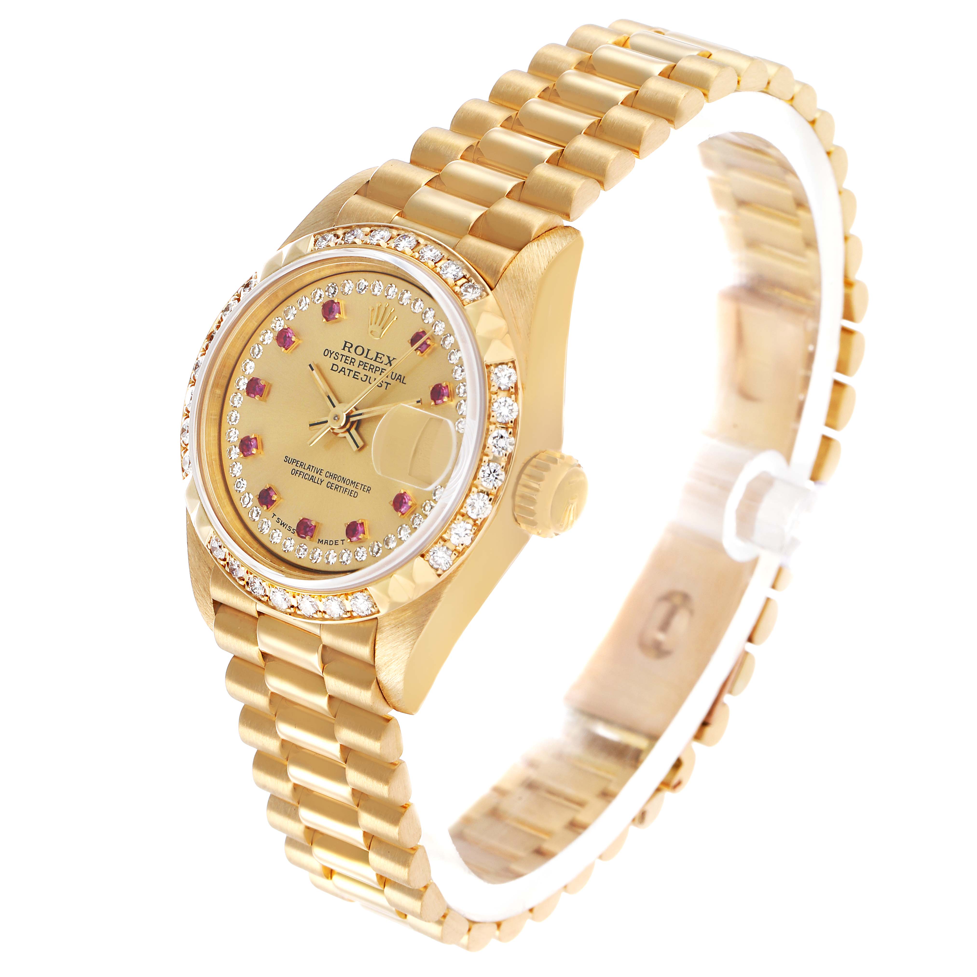 The Rolex President 69268 Women's Yellow Gold Champagne Dial model watch is shown at a 3/4 angle, highlighting the dial, bracelet, and diamond-set bezel.