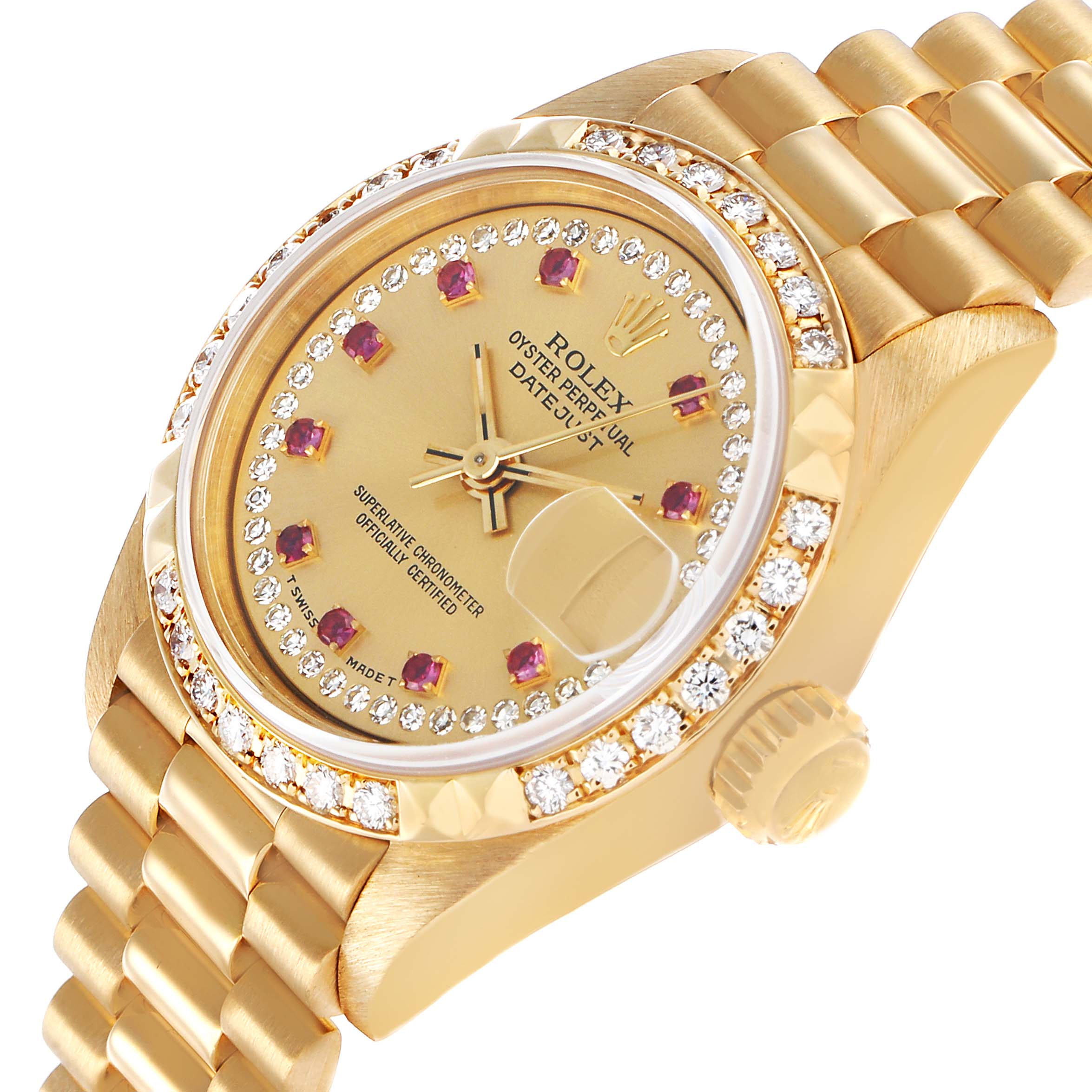 The Rolex President 69268 Women's Yellow Gold Champagne Dial watch is shown at a tilted angle displaying the dial, bezel, crown, and part of the bracelet.