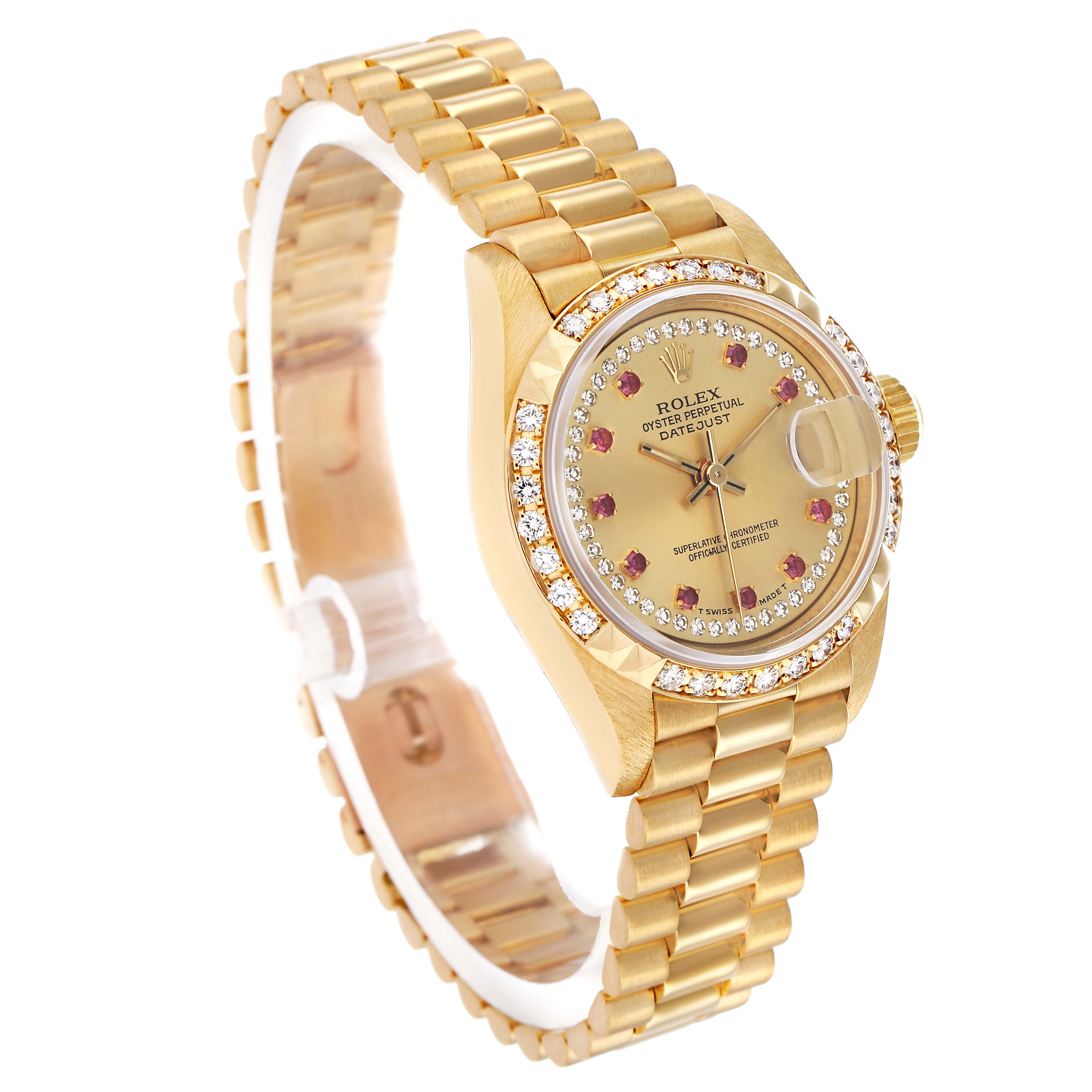 The Rolex President 69268 Women's Yellow Gold Champagne Dial model watch is shown at an angle, highlighting the face, bezel, and bracelet.