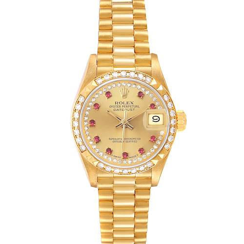 The Rolex President 69268 Women's Yellow Gold Champagne Dial model is shown from a top-down angle, highlighting the watch face, bezel, and bracelet.