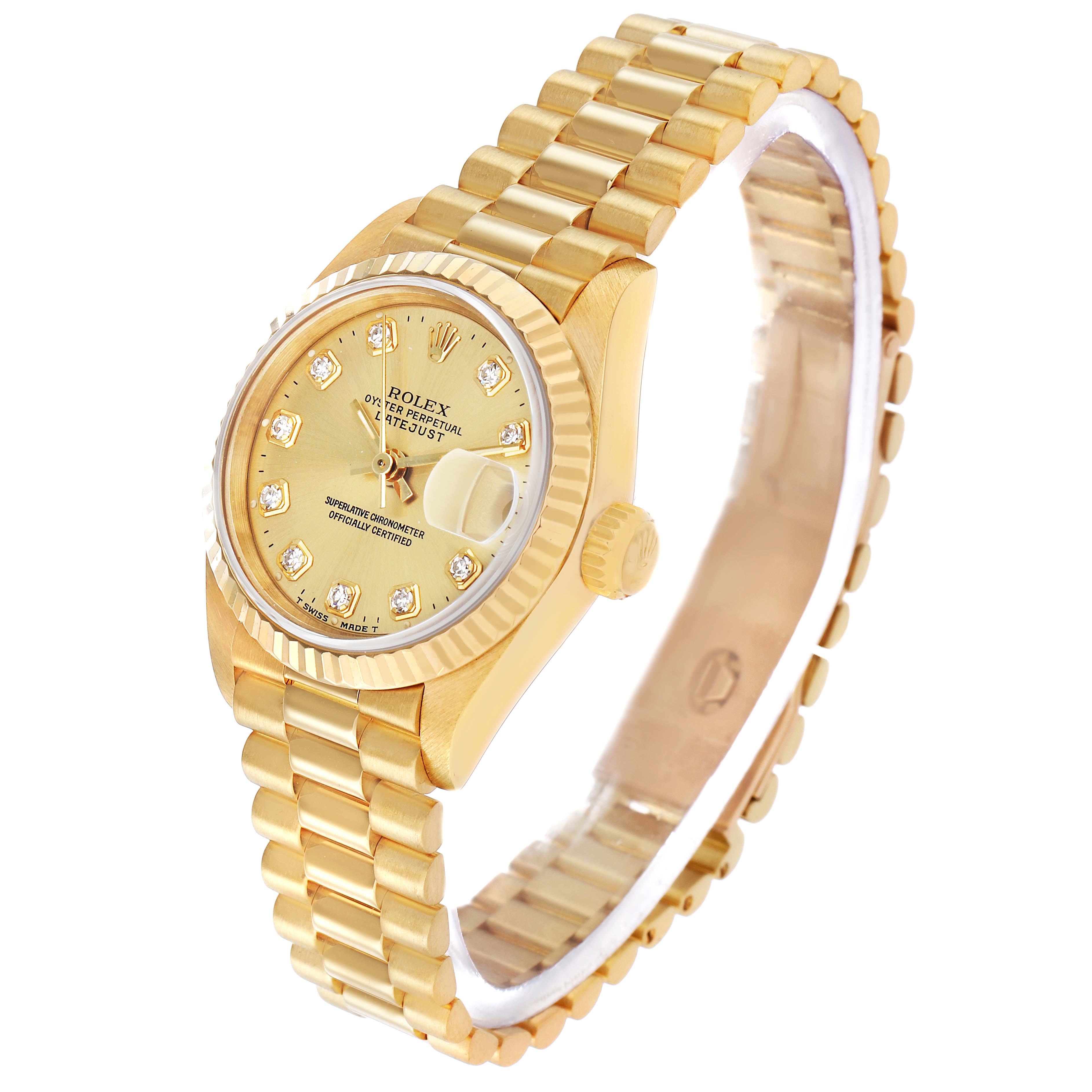 The Rolex President 69178 Women's Yellow Gold Champagne Dial model is shown at an angled view, highlighting the face, crown, and bracelet.