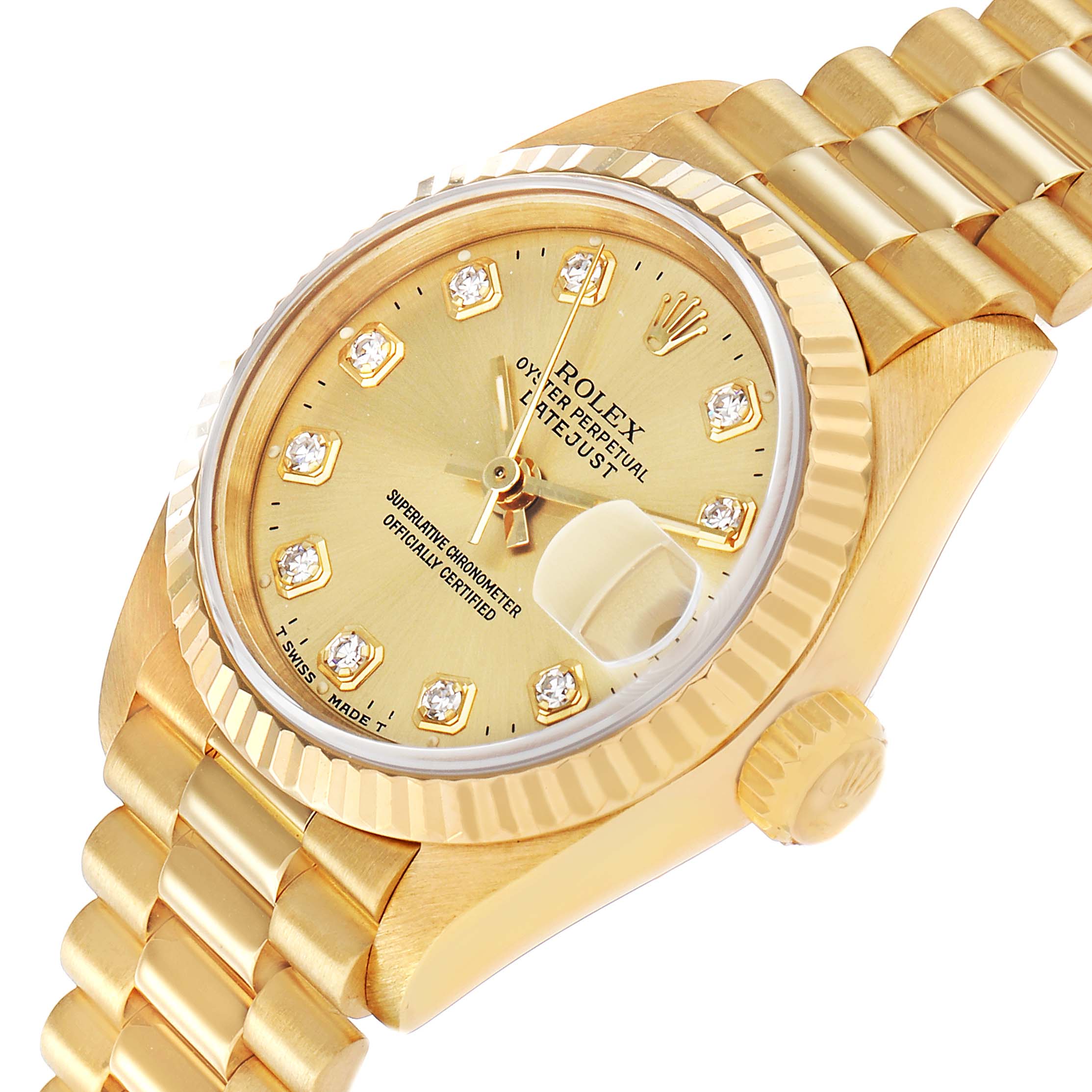 The Rolex President 69178 Women's Yellow Gold Champagne Dial model is shown at a slight angle, highlighting its gold bracelet, fluted bezel, dial, and crown.