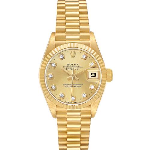 The Rolex President 69178 Women's Yellow Gold Champagne Dial model is shown from a top-down angle, displaying the dial, bezel, bracelet, and Cyclops lens over the date.