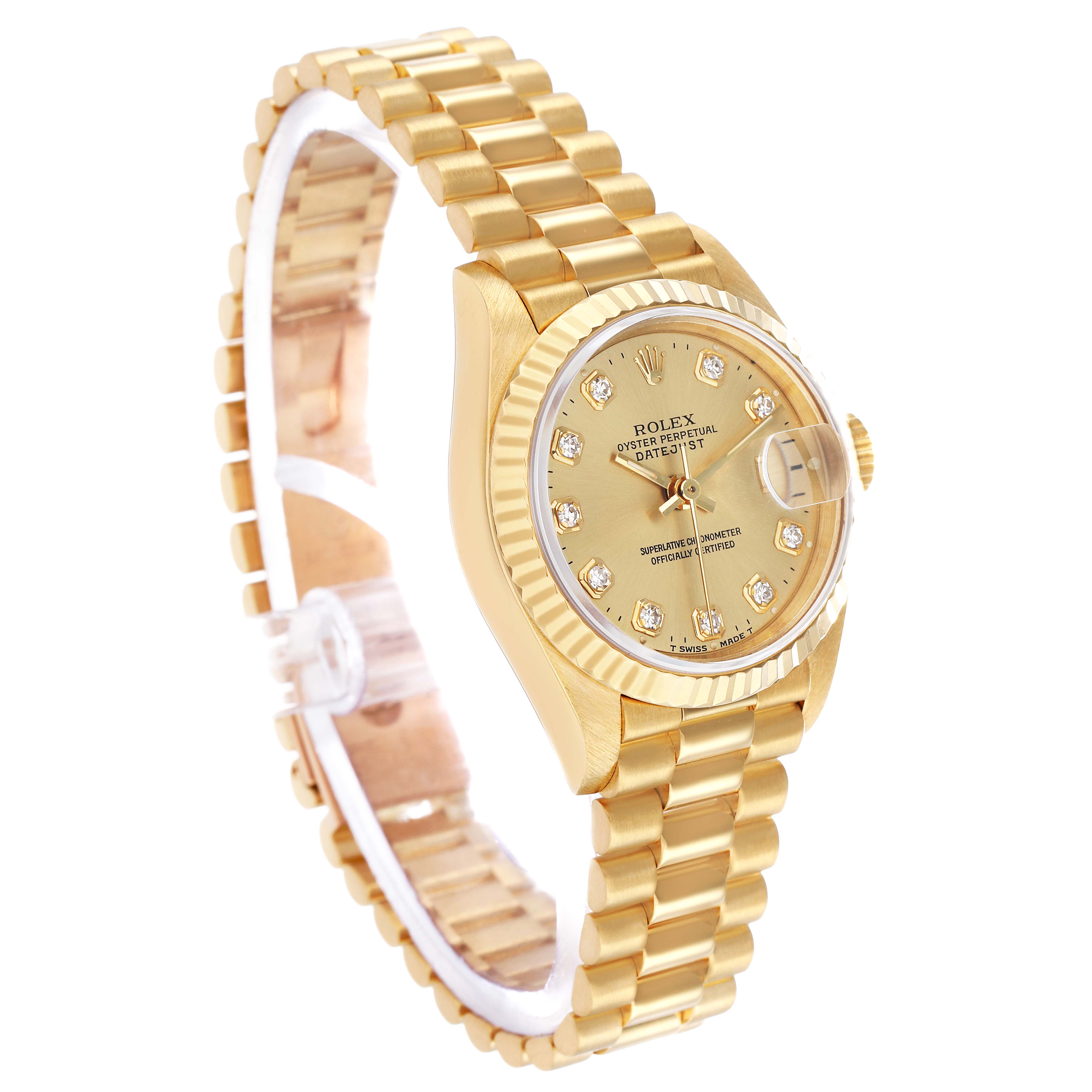 The Rolex President 69178 Women's Yellow Gold Champagne Dial model is shown at a three-quarter angle, highlighting the dial, fluted bezel, and gold bracelet.