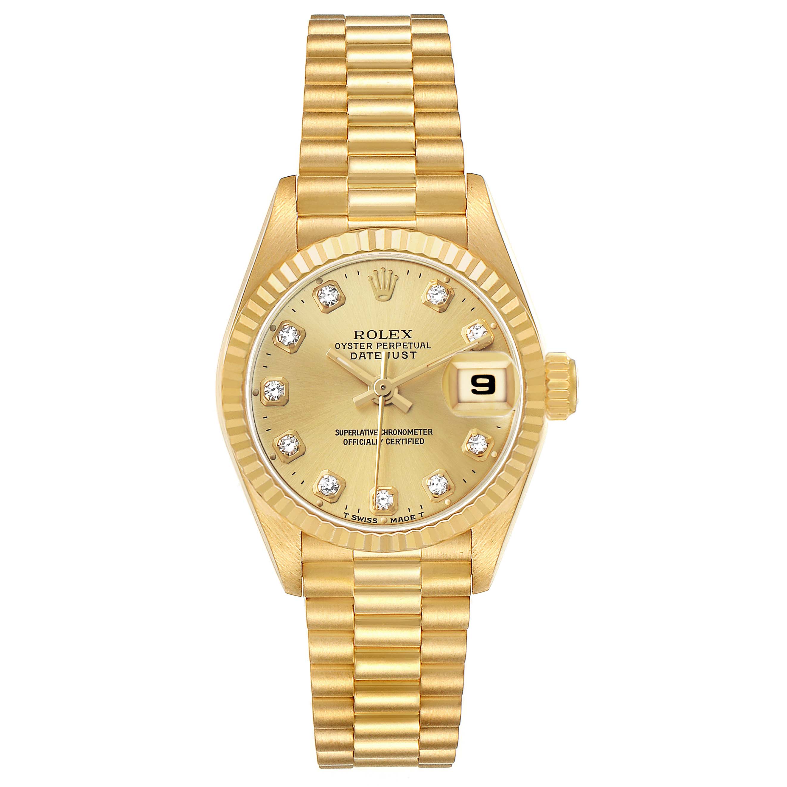 The Rolex President 69178 Women's Yellow Gold Champagne Dial model is shown from a top-down angle, displaying the full dial, bracelet, and fluted bezel.