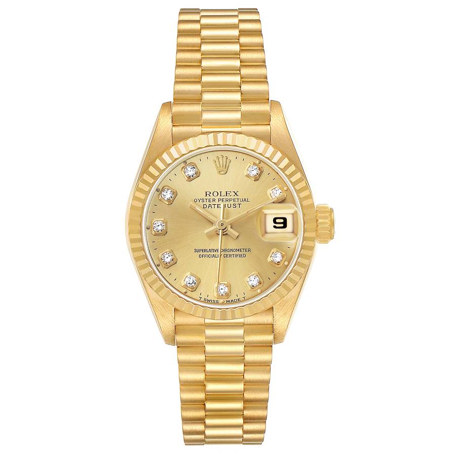 The Rolex President 69178 Women's Yellow Gold Champagne Dial model is shown from a top-down angle, displaying the full dial, bracelet, and fluted bezel.