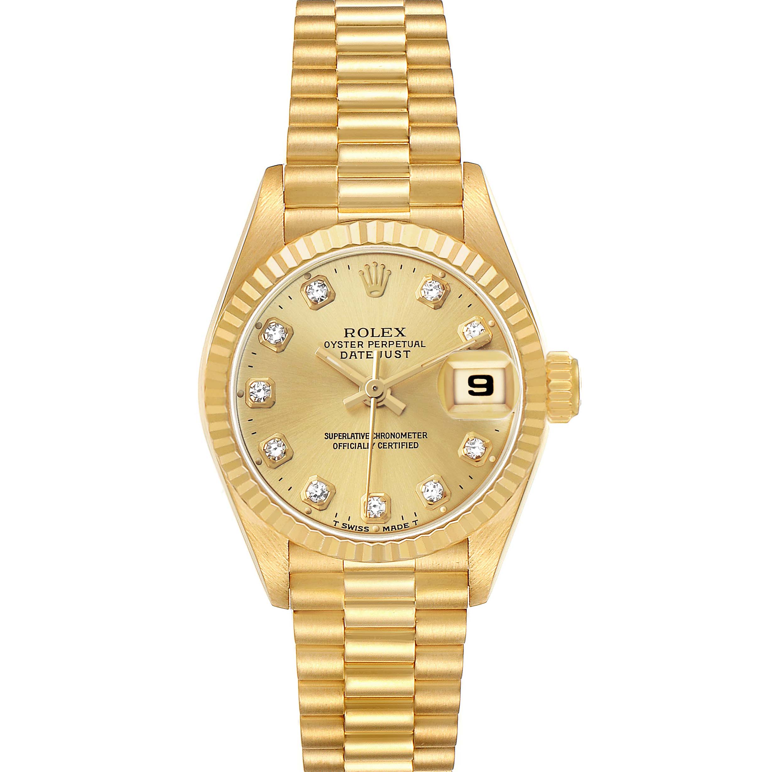 The Rolex President 69178 Women's Yellow Gold Champagne Dial model is shown from a top-down angle, highlighting the gold bracelet, diamond-studded dial, and date window.