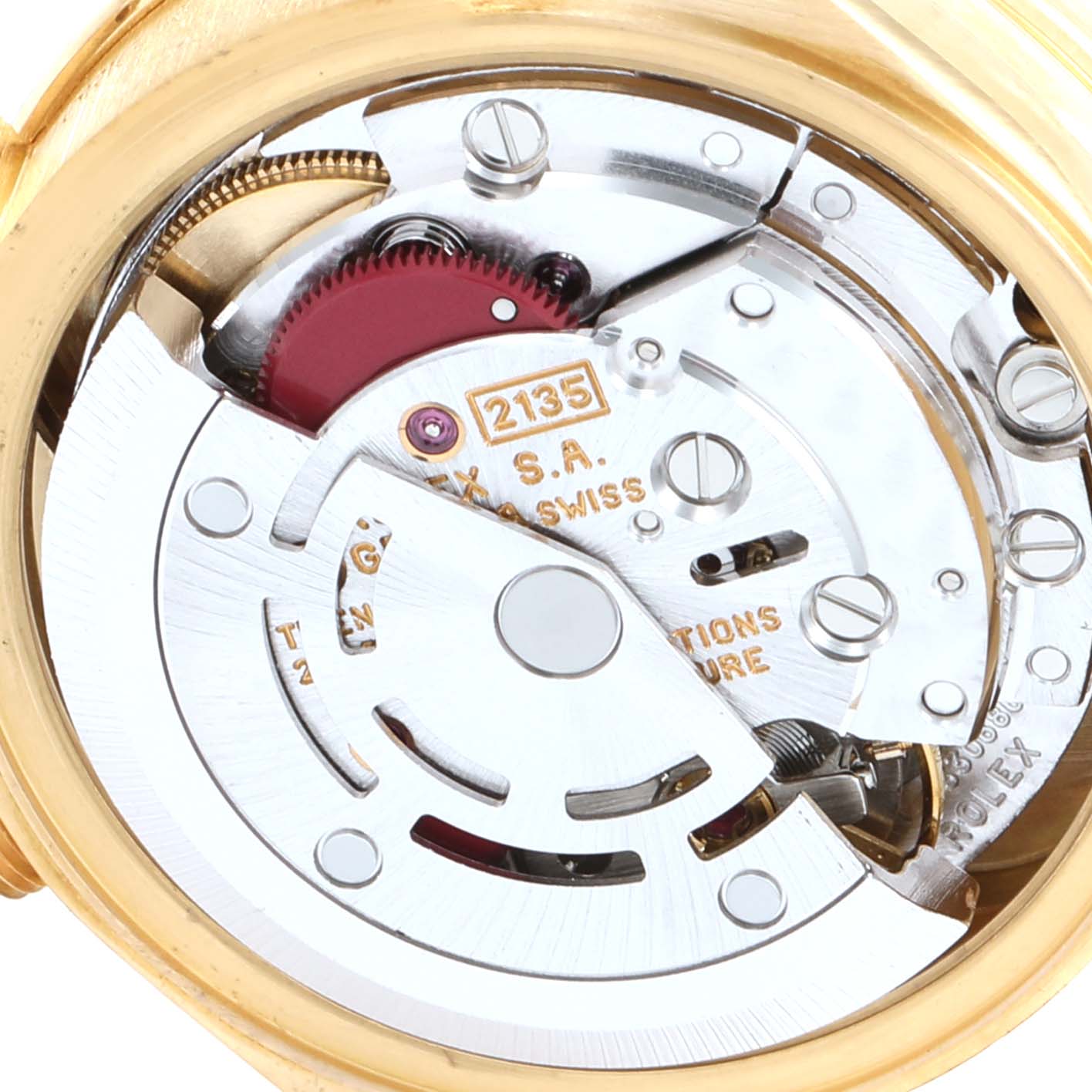This image shows a close-up of the movement and internal mechanisms of a Rolex President 69288 Women's Yellow Gold Mother of Pearl Dial 69288 Women's Yellow Gold Mother of Pearl Dial model watch.