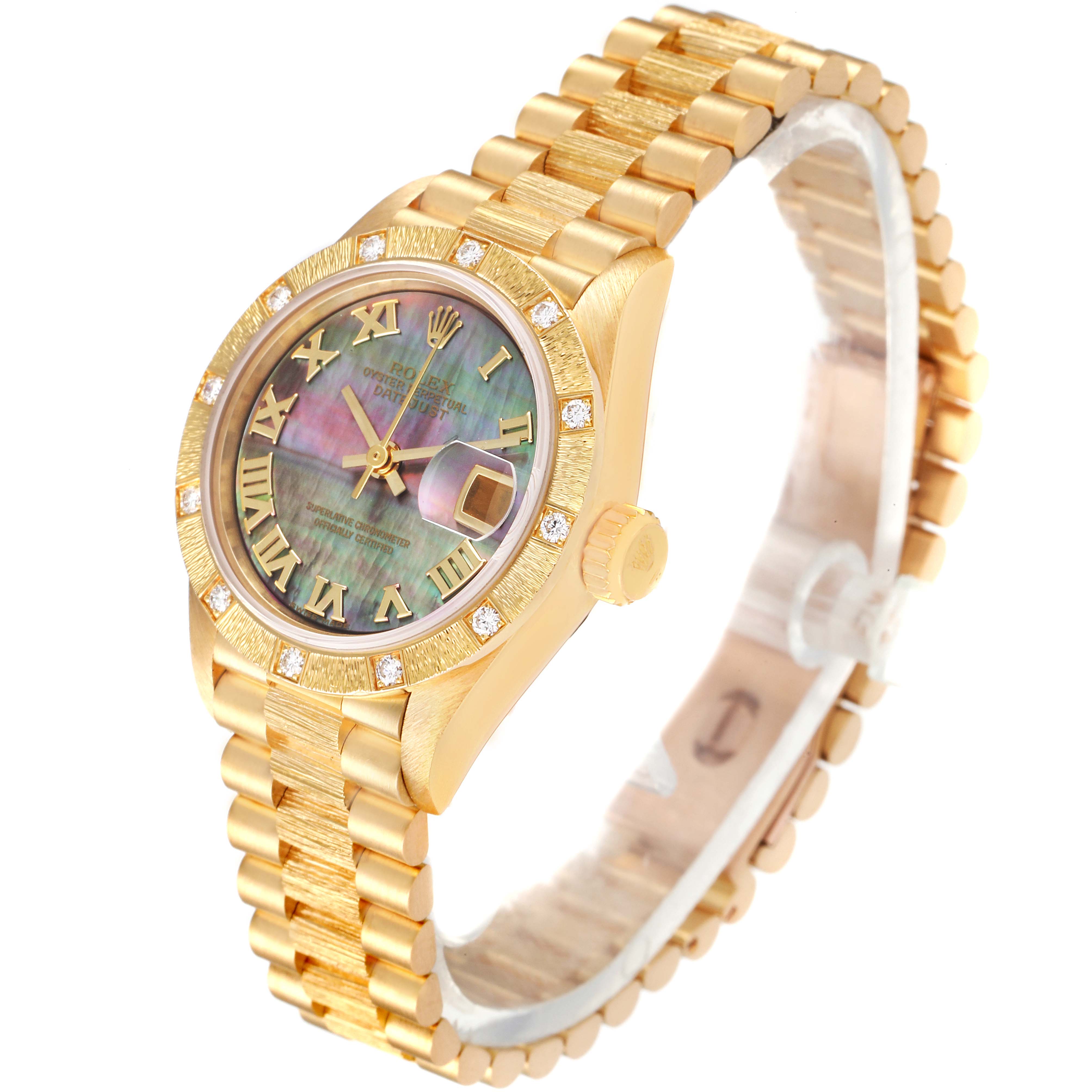 The Rolex President 69288 Women's Yellow Gold Mother of Pearl Dial 69288 Women's Yellow Gold Mother of Pearl Dial watch is shown at a three-quarter angle, highlighting its gold bracelet, mother-of-pearl dial, and diamond bezel.