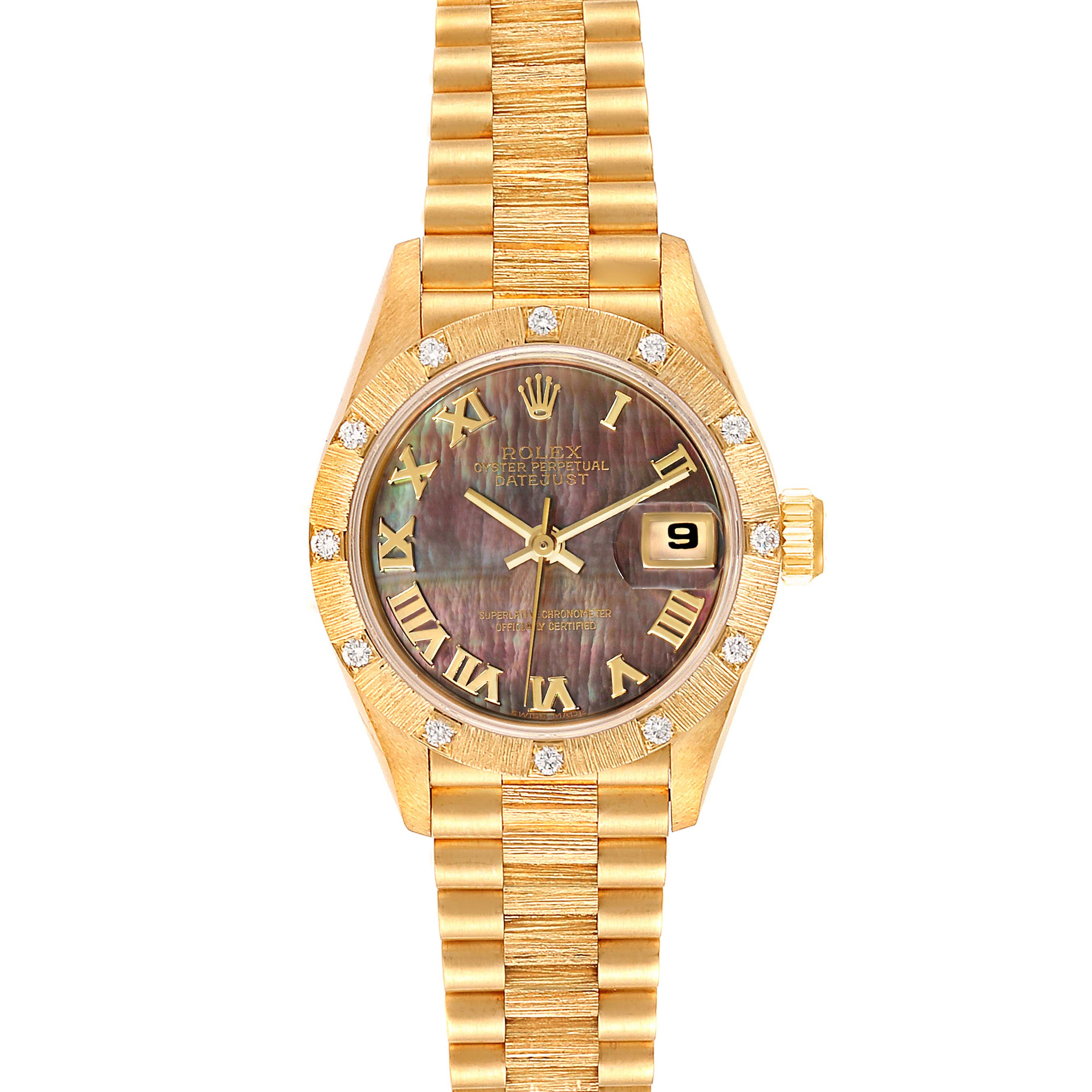 This image shows a Rolex President 69288 Women's Yellow Gold Mother of Pearl Dial 69288 Women's Yellow Gold Mother of Pearl Dial model watch from a top-down angle, highlighting the dial, bezel, crown, and bracelet.