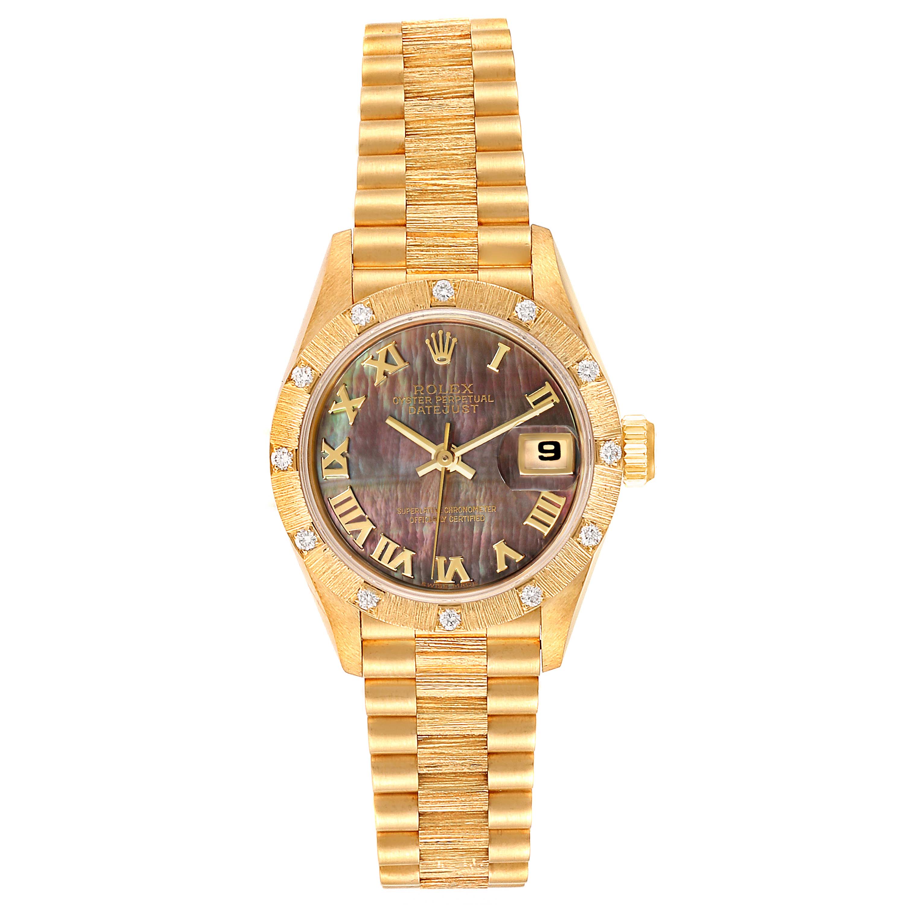 The image shows a Rolex President 69288 Women's Yellow Gold Mother of Pearl Dial 69288 Women's Yellow Gold Mother of Pearl Dial model watch featuring a gold case, diamond bezel, mother-of-pearl dial, Roman numerals, and a date window.