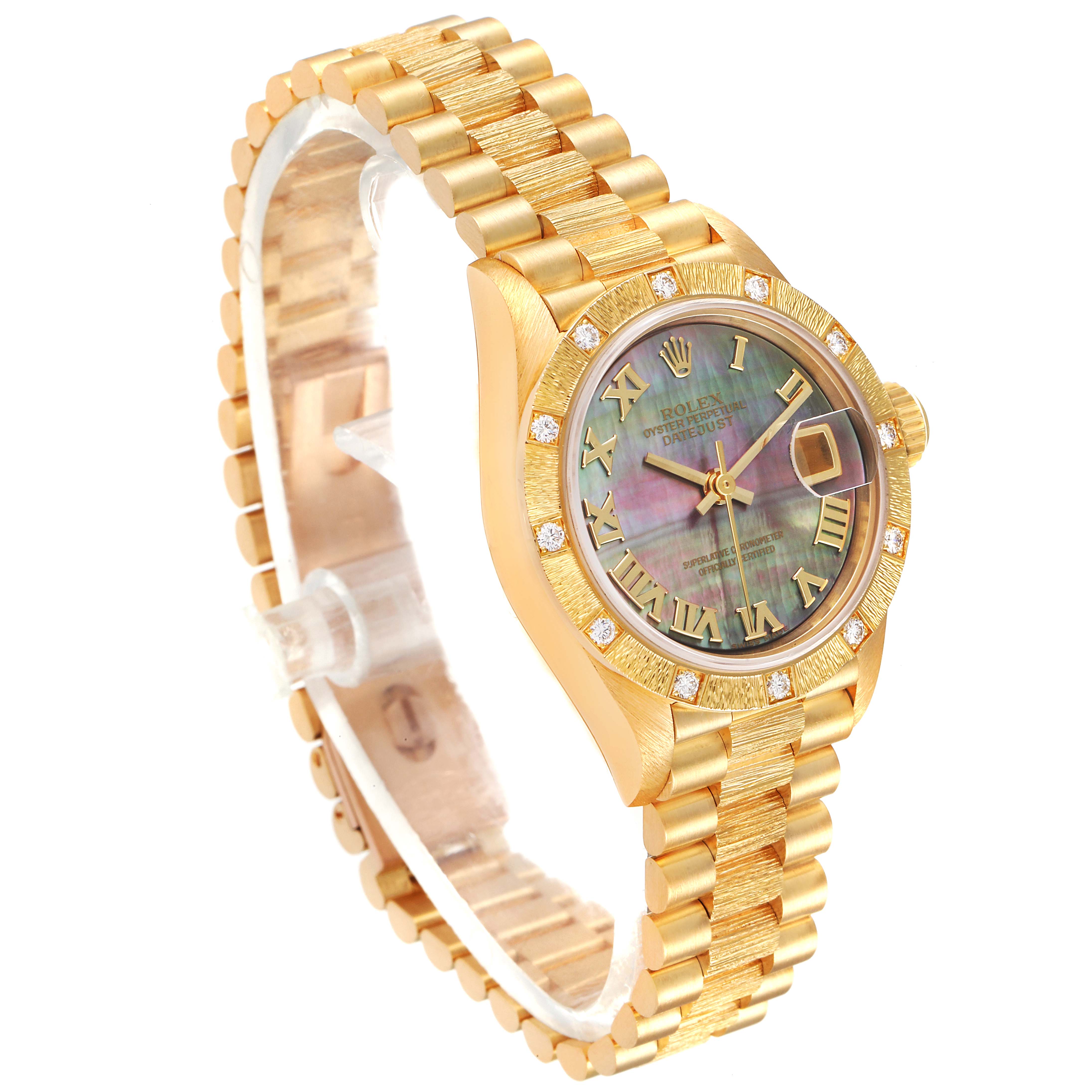 The Rolex President 69288 Women's Yellow Gold Mother of Pearl Dial 69288 Women's Yellow Gold Mother of Pearl Dial model watch is shown at an angle highlighting the face, bracelet, and bezel with diamond markers.