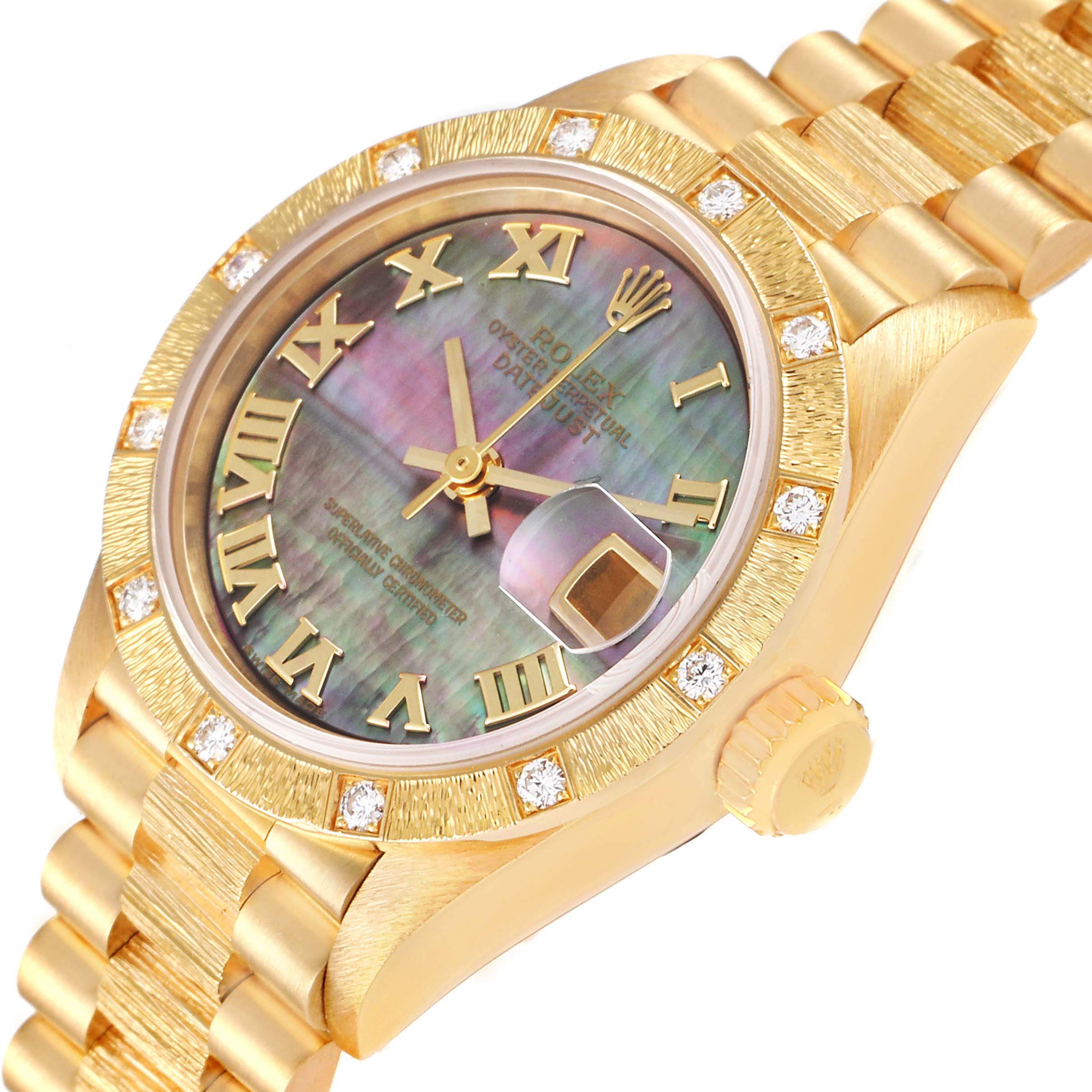 The image shows a Rolex President 69288 Women's Yellow Gold Mother of Pearl Dial 69288 Women's Yellow Gold Mother of Pearl Dial model watch angled to display the dial, crown, and part of the bracelet.