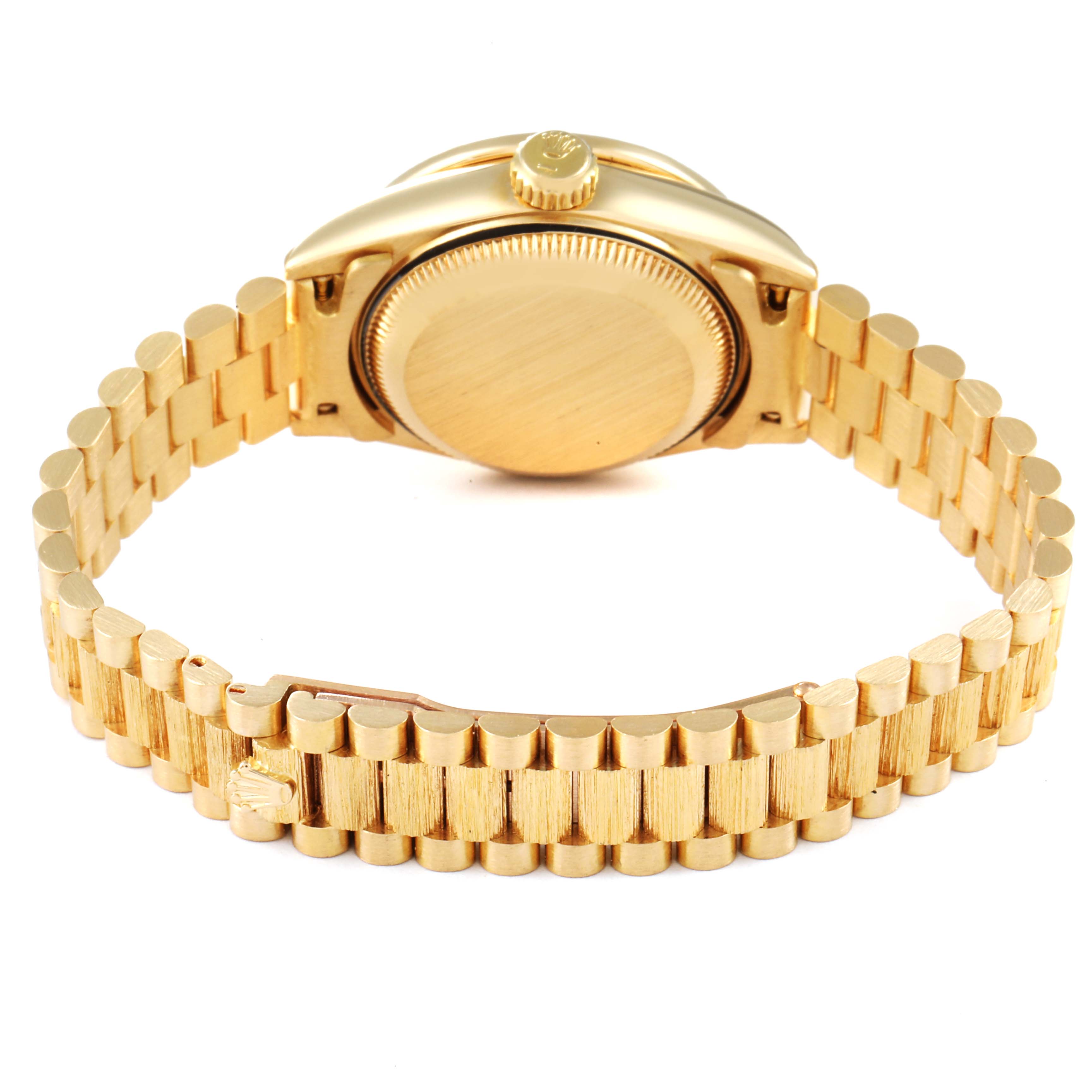 This image shows the back and bracelet of a Rolex President 69288 Women's Yellow Gold Mother of Pearl Dial 69288 Women's Yellow Gold Mother of Pearl Dial model watch.