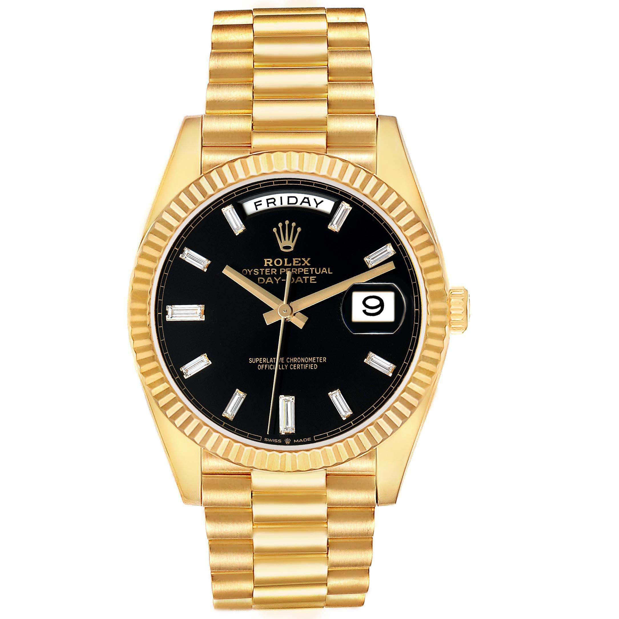 The Rolex President 228238 Men's Yellow Gold Black Dial model is shown from a front angle, featuring the dial, bezel, day-date display, and bracelet.