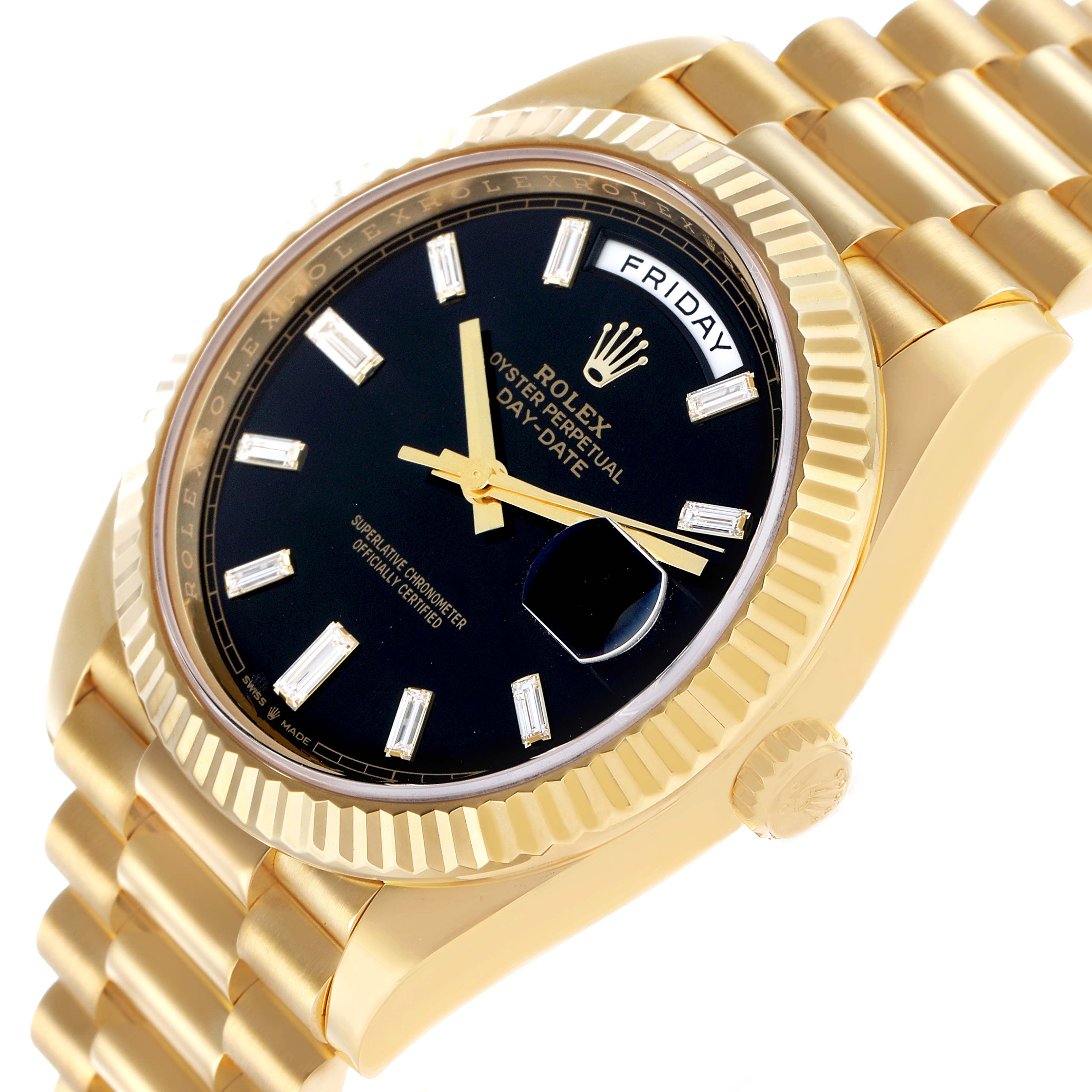 The Rolex President 228238 Men's Yellow Gold Black Dial watch is shown at an angled side view, highlighting the fluted bezel, dial, and part of the bracelet.