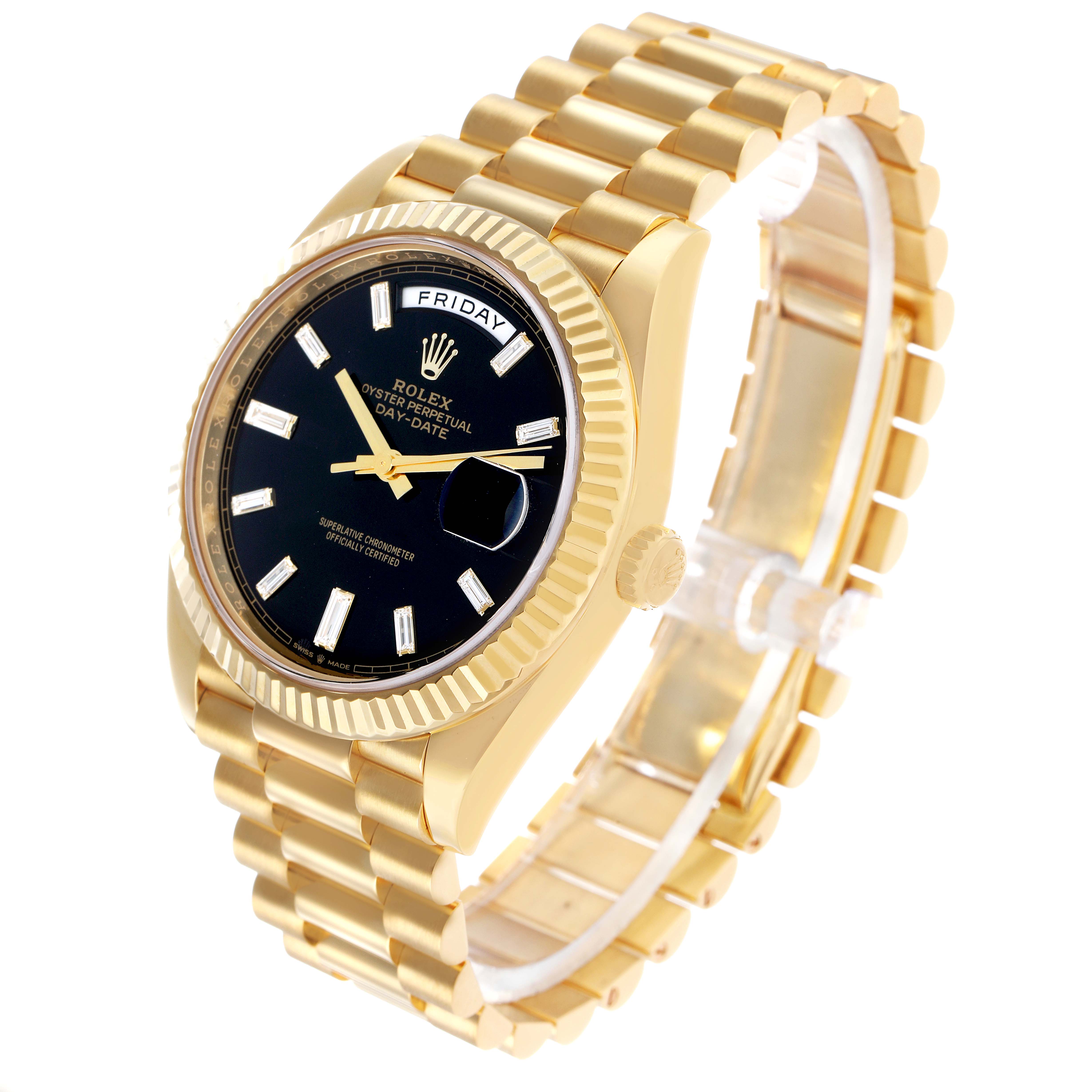 The image shows a Rolex President 228238 Men's Yellow Gold Black Dial model watch angled to highlight its black dial, gold bracelet, and fluted bezel.