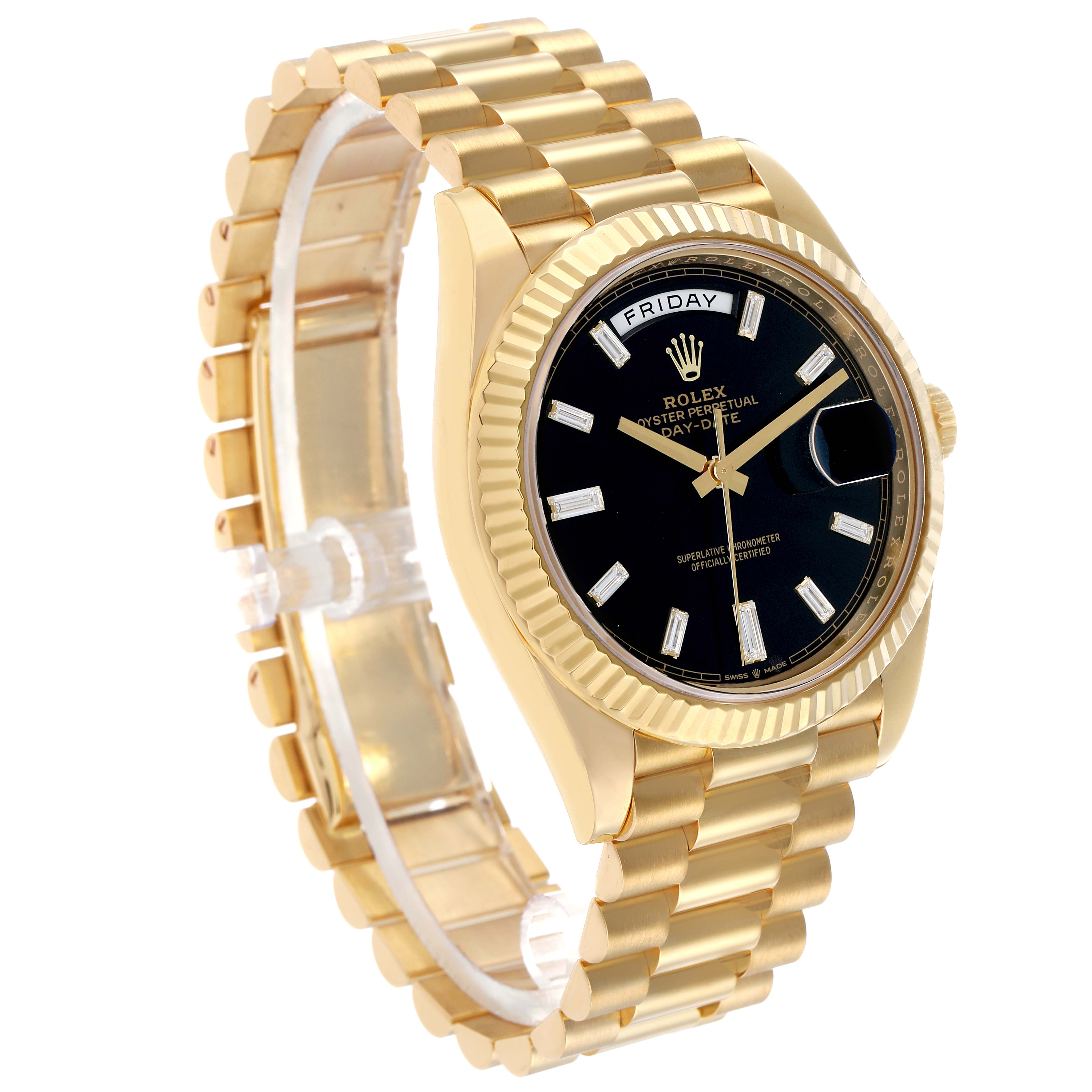 The image shows a Rolex President 228238 Men's Yellow Gold Black Dial model watch at a three-quarter angle, highlighting the gold bracelet and black dial with day and date display.