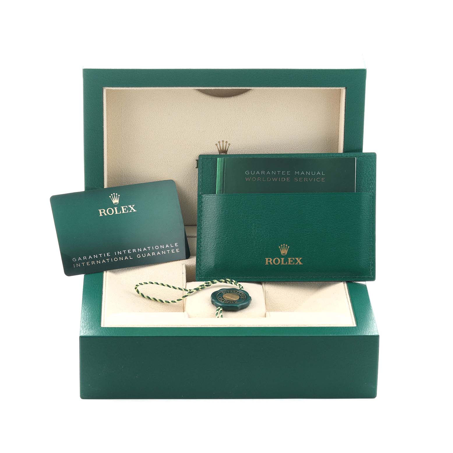 The image shows a Rolex President 228238 Men's Yellow Gold Black Dial model box, guarantee card, booklet, and green Rolex tag from a front angle.