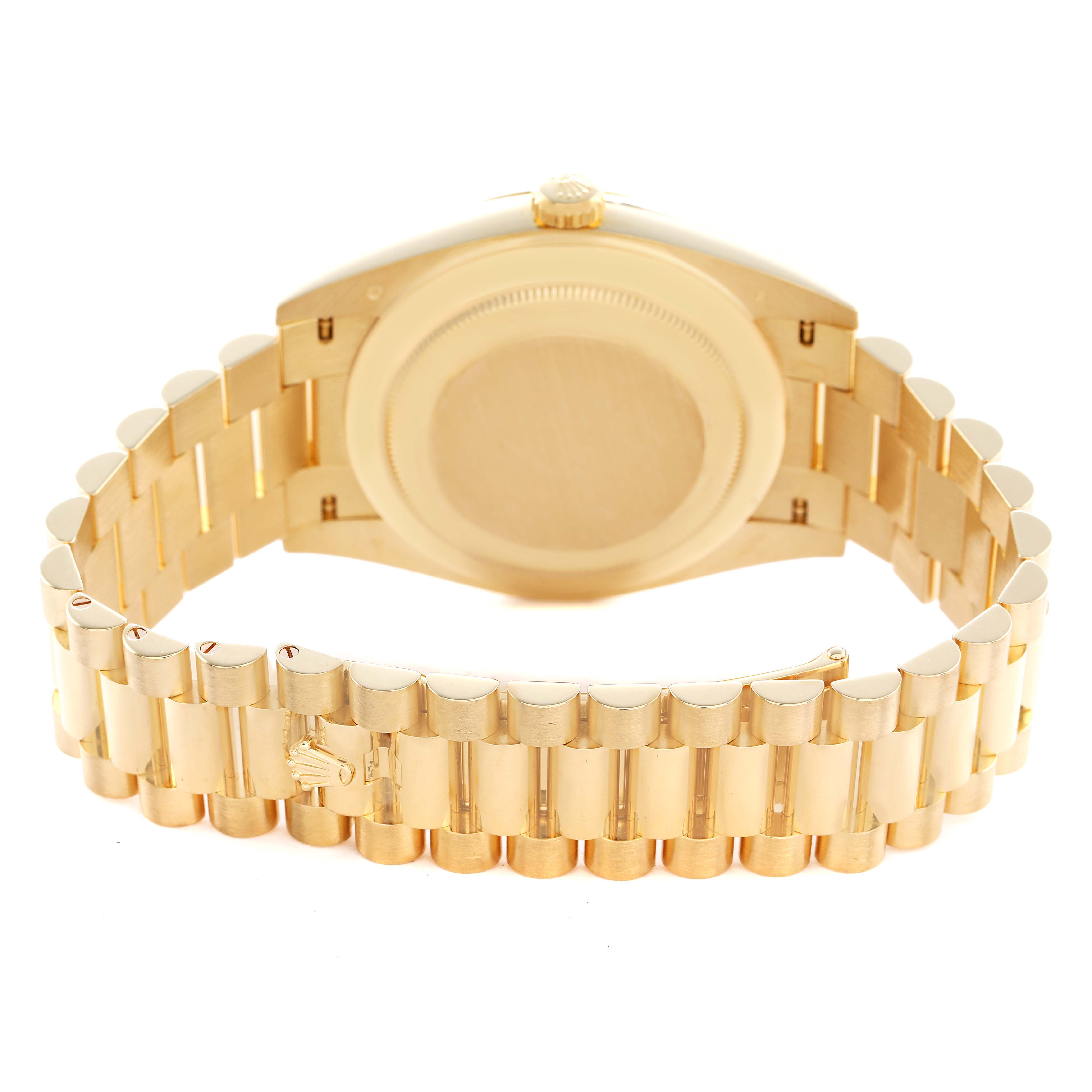 The image shows the back and side view of a gold Rolex President 228238 Men's Yellow Gold Black Dial watch, highlighting the bracelet and clasp.
