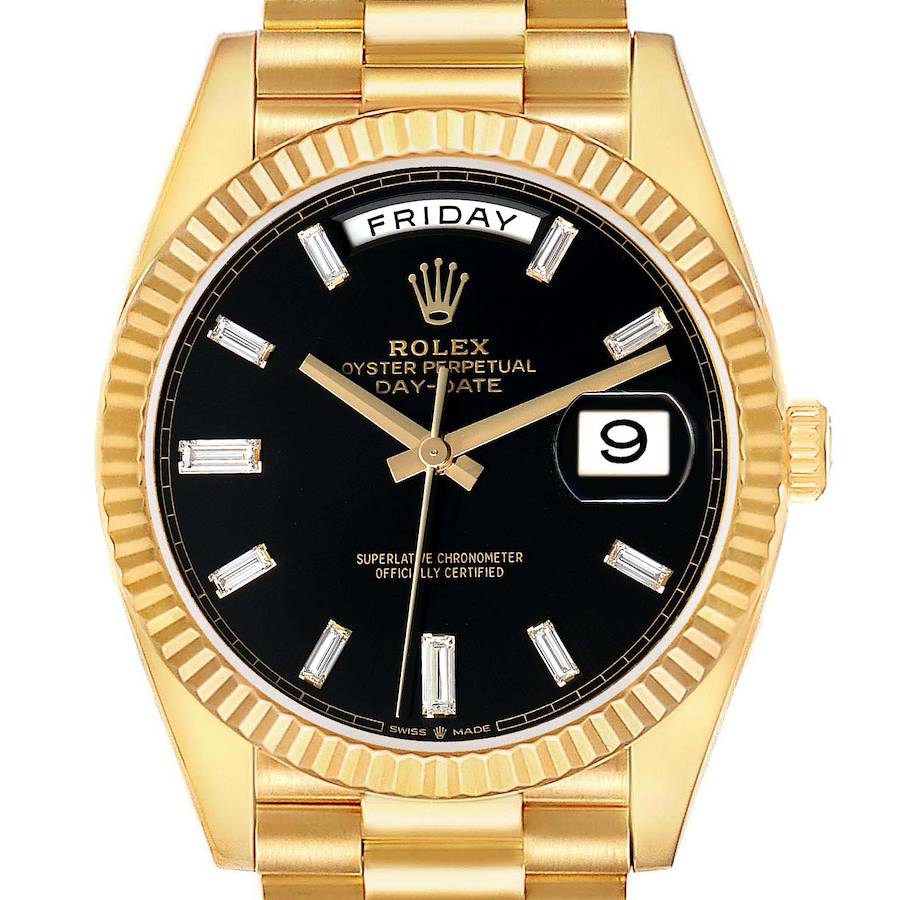 The image shows a frontal view of the Rolex President 228238 Men's Yellow Gold Black Dial watch, highlighting the dial, bezel, and part of the bracelet.