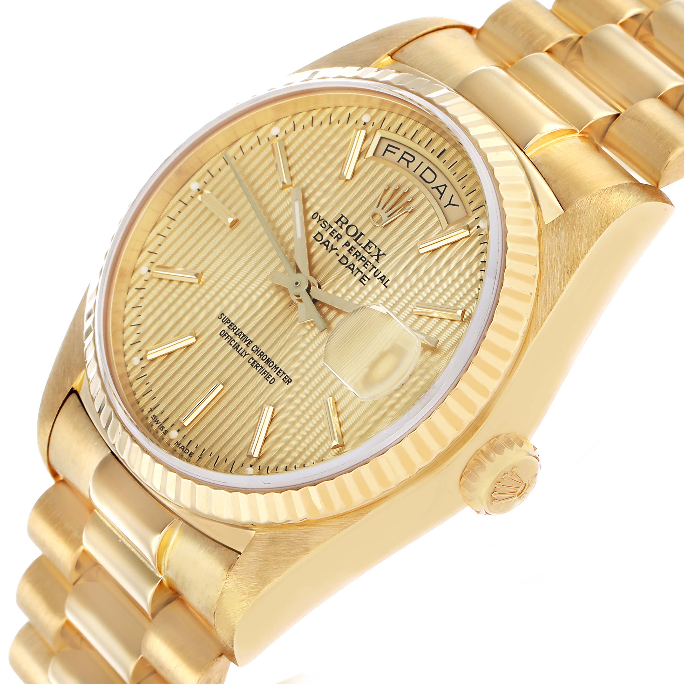 The Rolex President 18038 Men's Yellow Gold Champagne Dial watch is shown from an angled view, highlighting the dial, bezel, bracelet, and crown.
