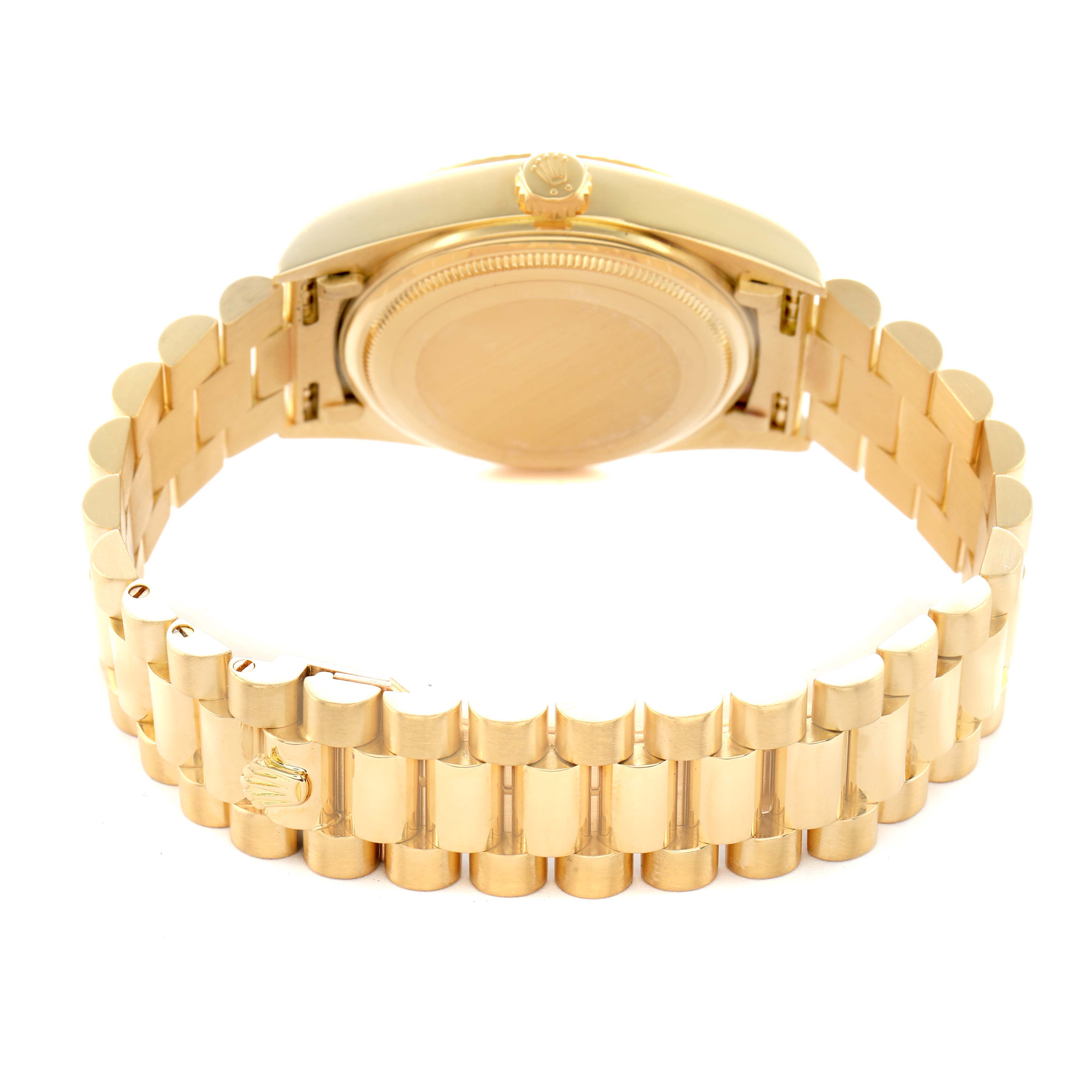 The image shows the back view of a Rolex President 18038 Men's Yellow Gold Champagne Dial watch, highlighting its case back and bracelet.