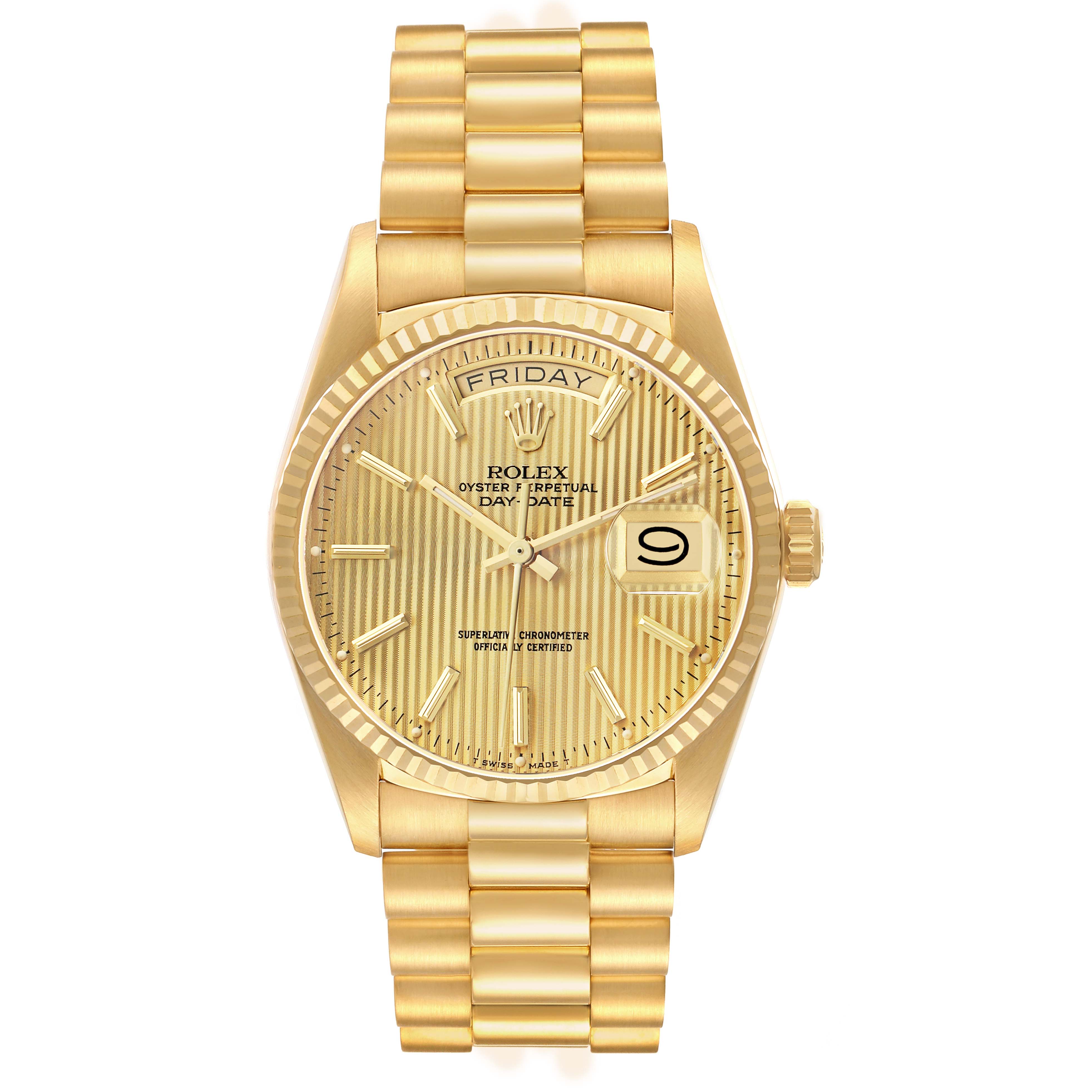 The Rolex President 18038 Men's Yellow Gold Champagne Dial model is shown from the front, displaying its gold dial, fluted bezel, day-date function, and bracelet.