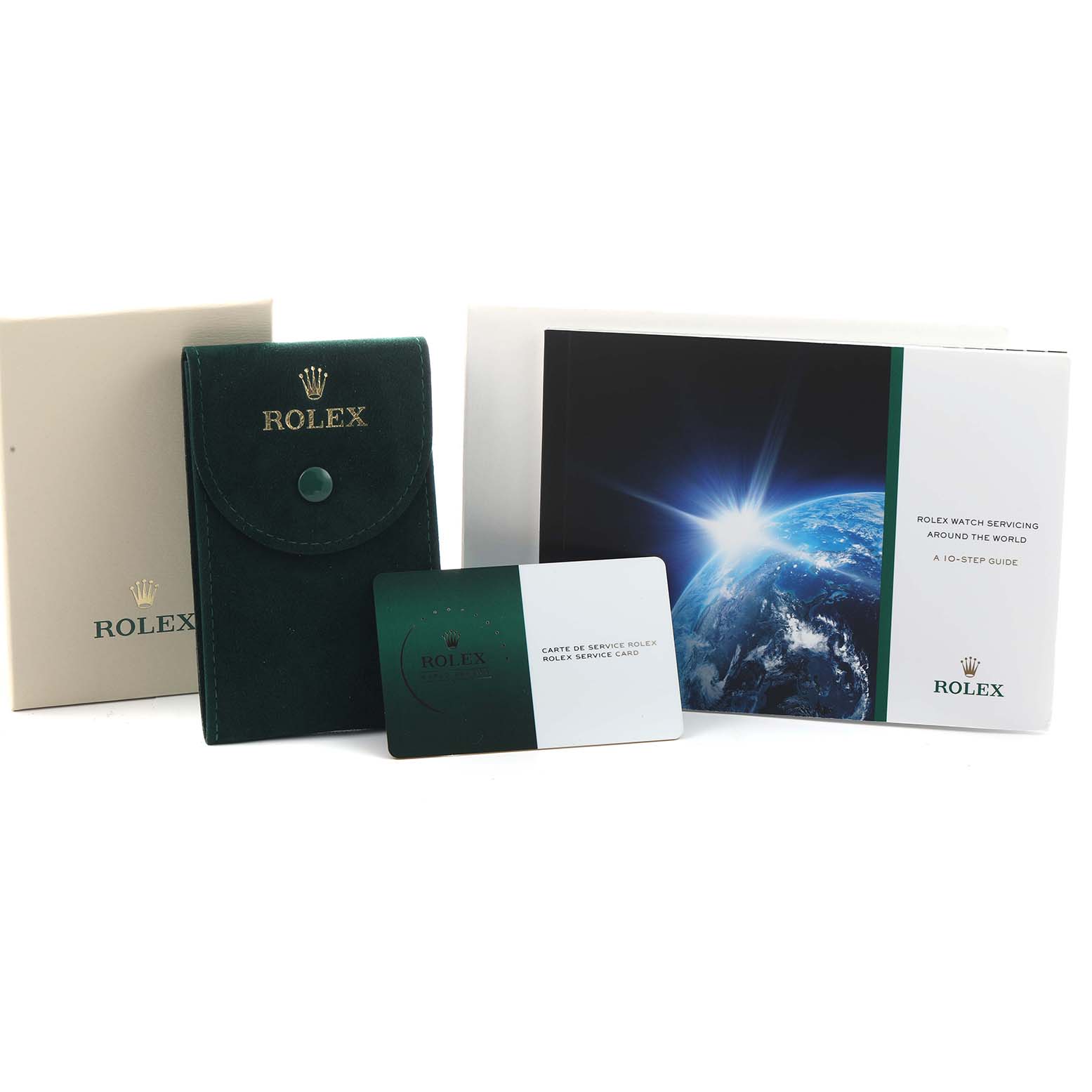 The image shows accessories for the Rolex President 18038 Men's Yellow Gold Champagne Dial model, including a service booklet, card, and a green pouch.