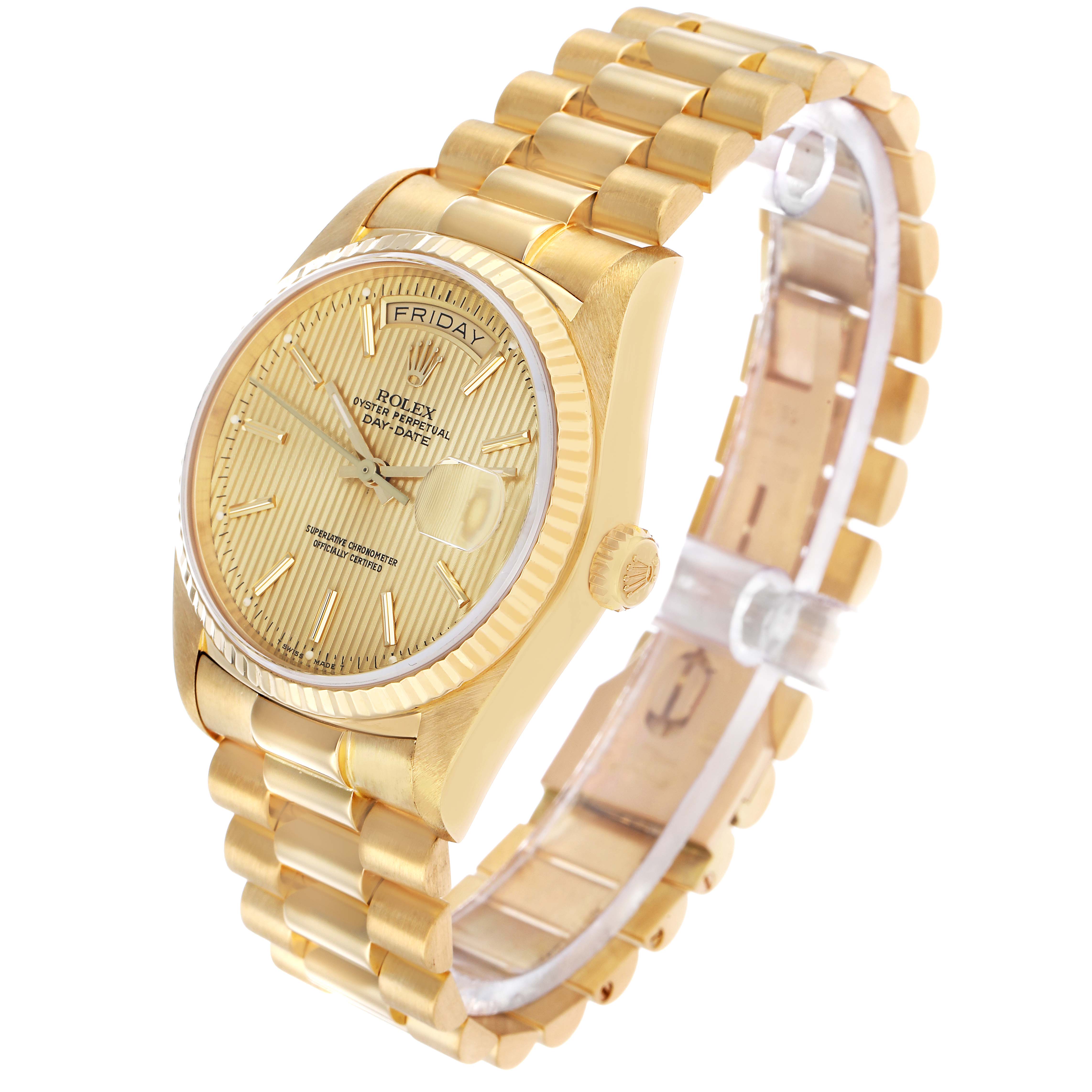 The Rolex President 18038 Men's Yellow Gold Champagne Dial watch is shown at a three-quarter angle, highlighting the dial, bezel, crown, and part of the bracelet.