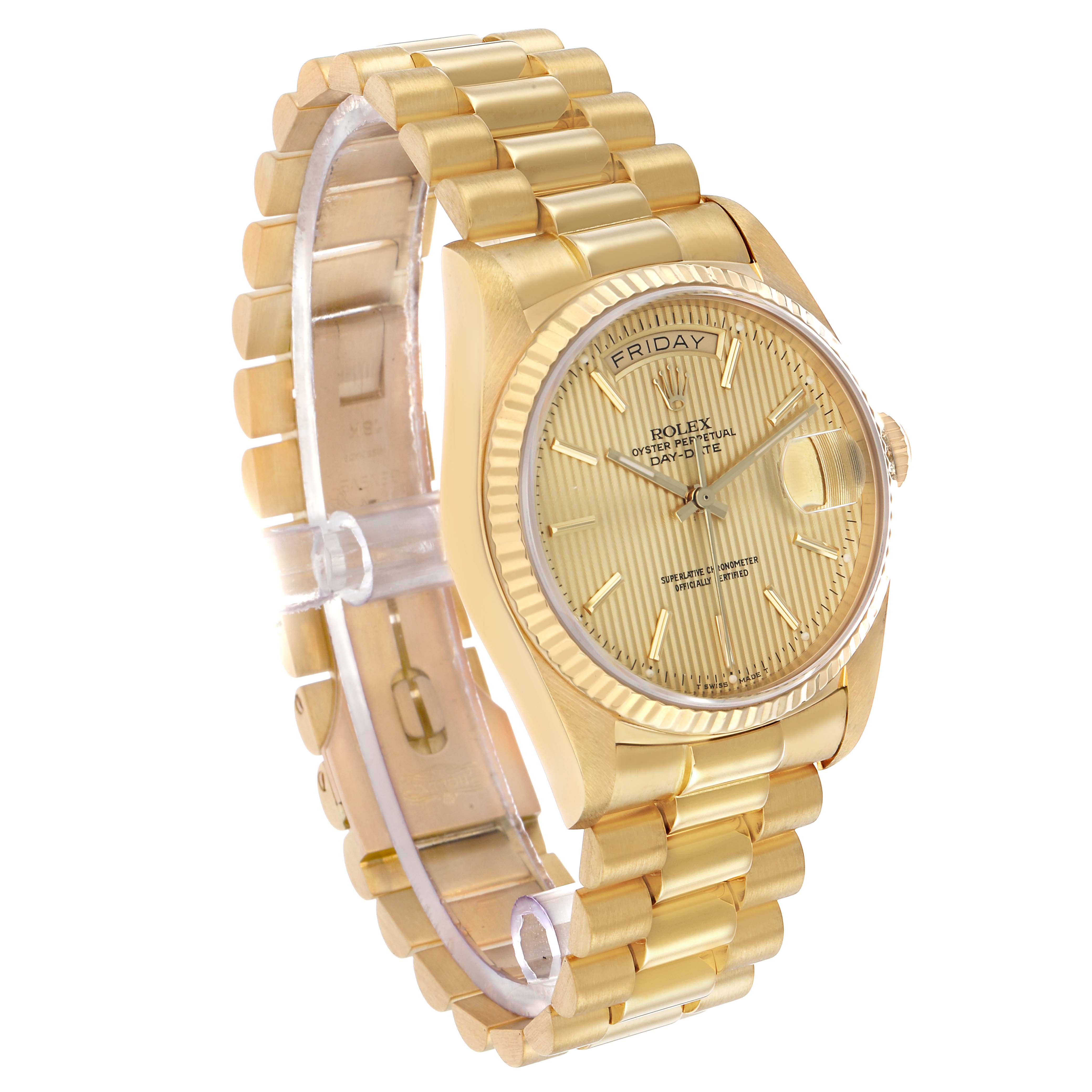 The Rolex President 18038 Men's Yellow Gold Champagne Dial model watch is shown at a three-quarter angle, displaying the dial, bezel, crown, and bracelet.