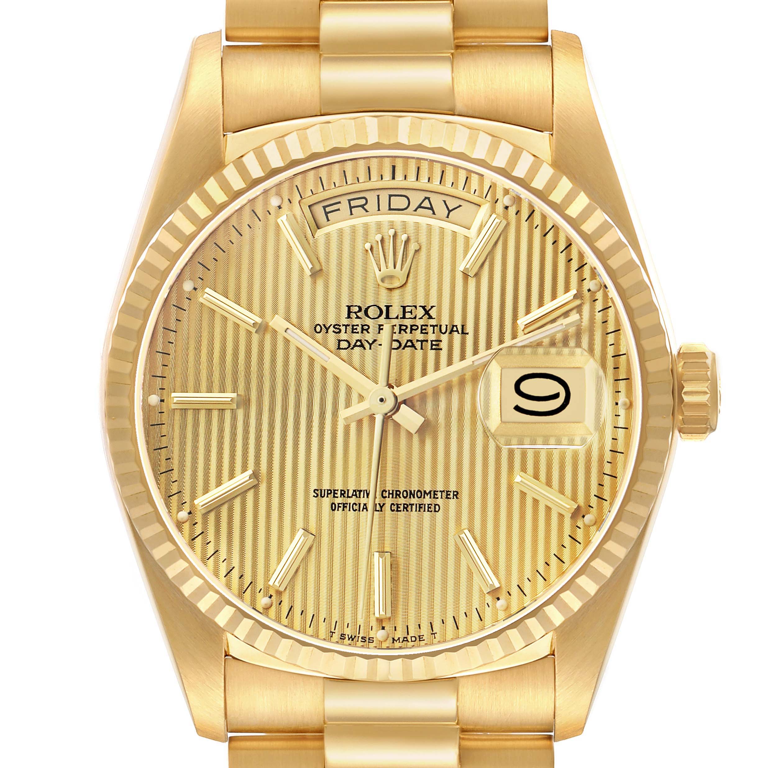 The Rolex President 18038 Men's Yellow Gold Champagne Dial model is shown from a front angle, highlighting the gold dial, fluted bezel, bracelet, and date display.