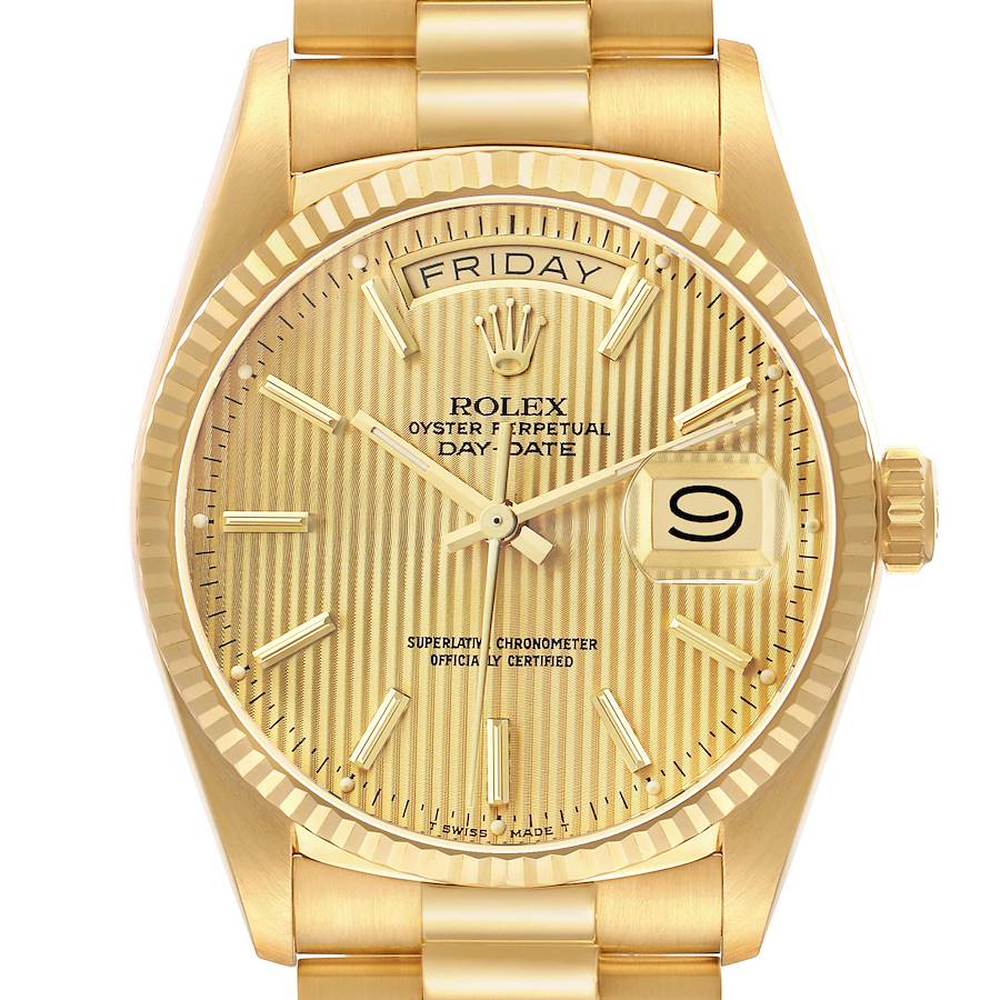 The Rolex President 18038 Men's Yellow Gold Champagne Dial model is shown from a front angle, highlighting the gold dial, fluted bezel, bracelet, and date display.