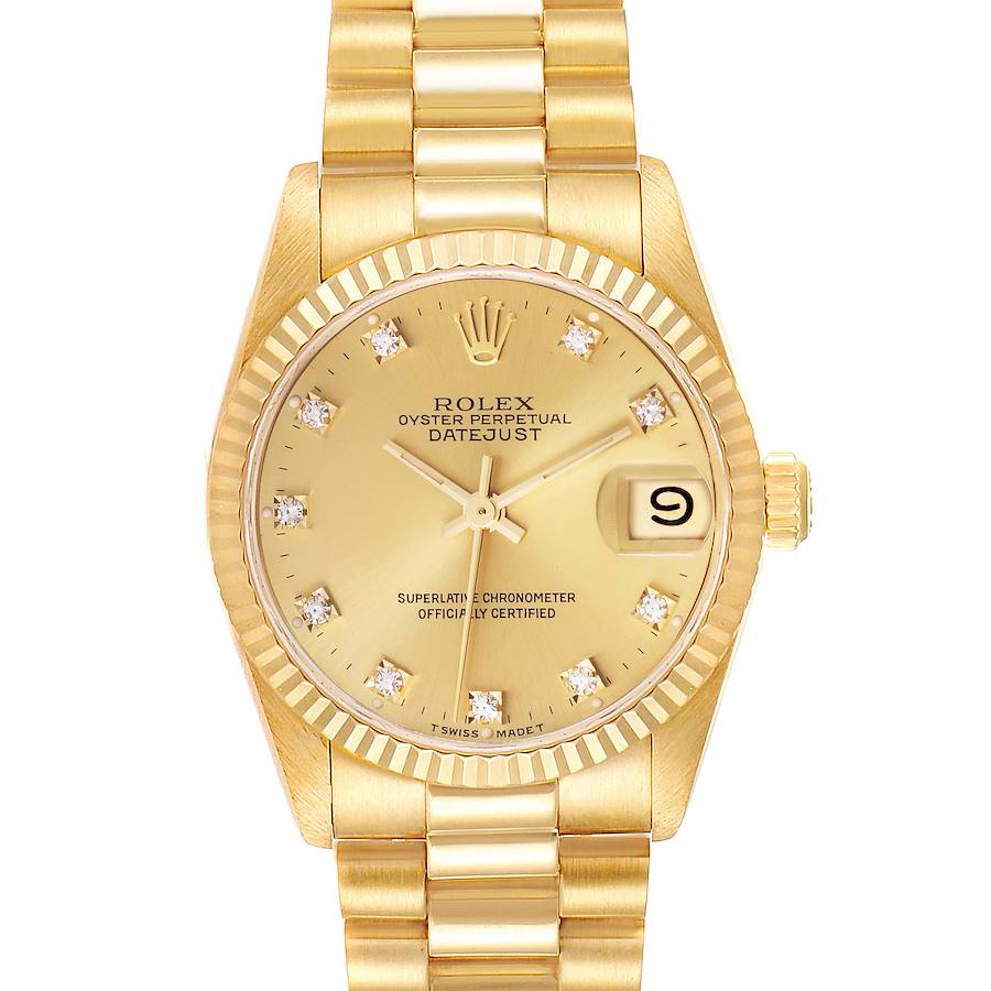 The image shows a front view of a Rolex President model, highlighting the face, bezel, and bracelet.