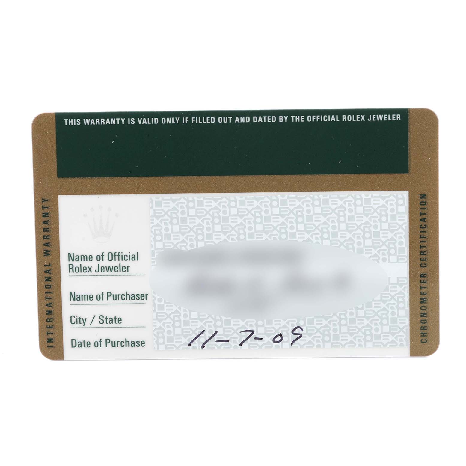 This image shows a warranty card for the Rolex President 118208 Men
s Yellow Gold Mother of Pearl Dial 118208 Men
s Yellow Gold Mother of Pearl Dial model, detailing the purchase information and certification.