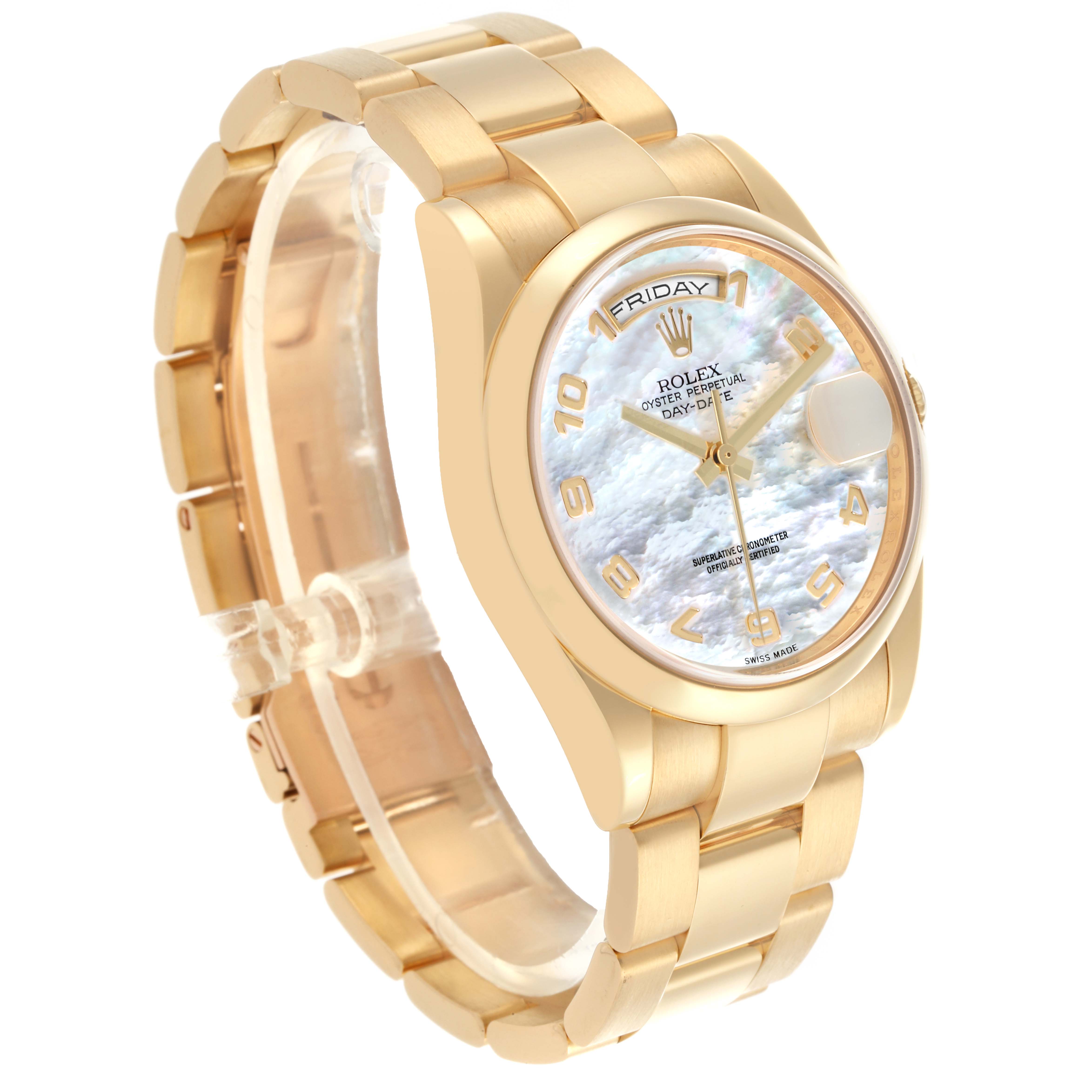 The Rolex President 118208 Men
s Yellow Gold Mother of Pearl Dial 118208 Men
s Yellow Gold Mother of Pearl Dial watch is shown at a slight angle with visible face, bezel, and part of the band.