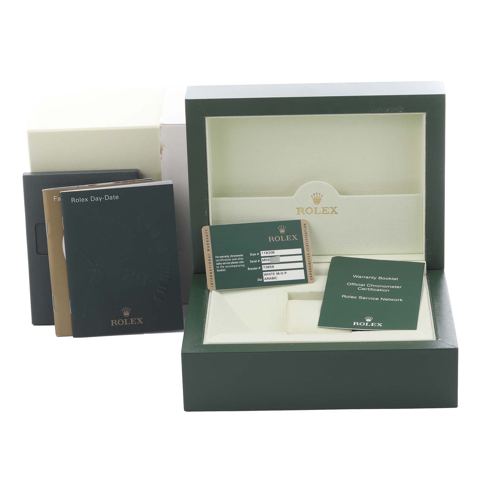 The image shows a Rolex President 118208 Men
s Yellow Gold Mother of Pearl Dial 118208 Men
s Yellow Gold Mother of Pearl Dial model watch box, warranty booklet, card, and manuals from a frontal angle.