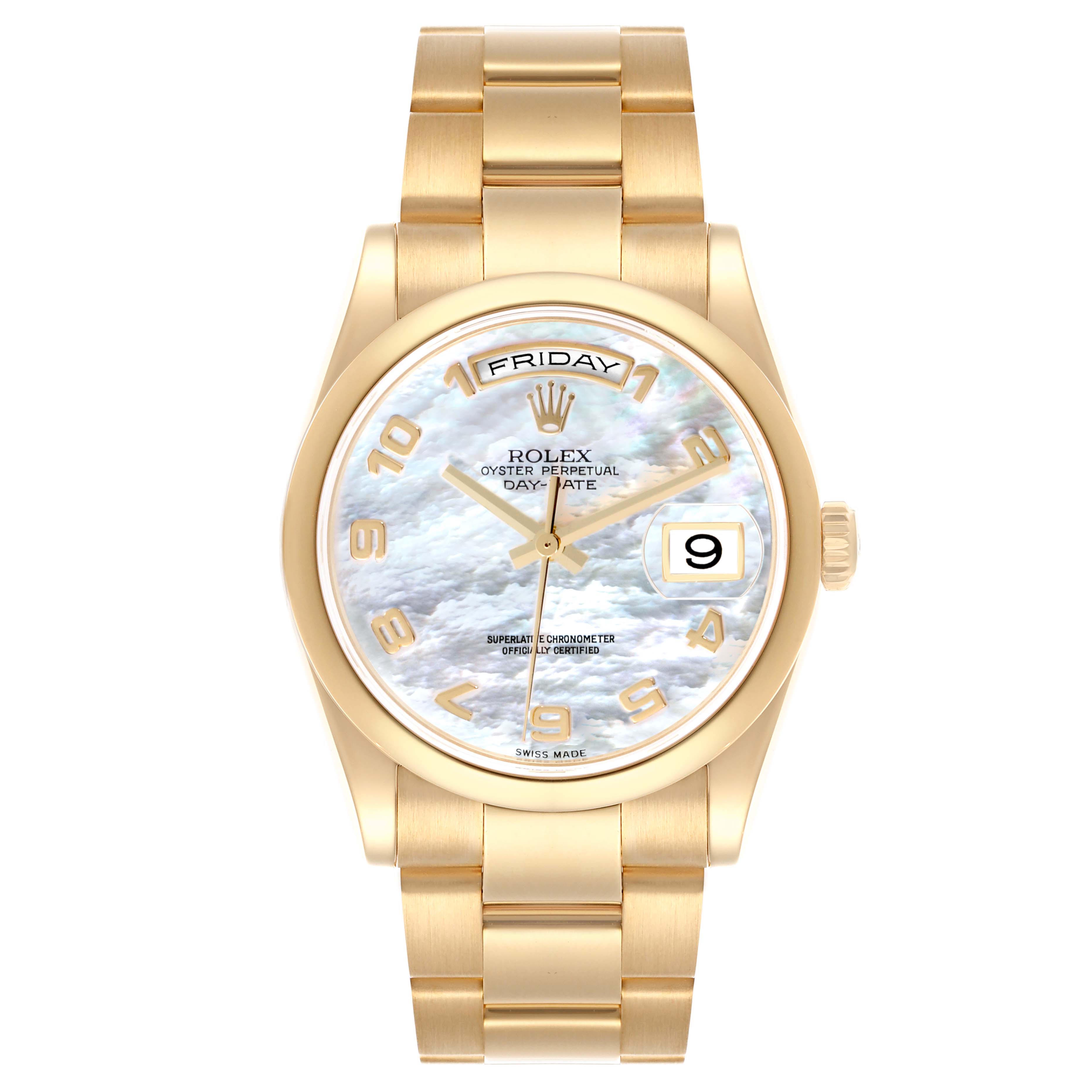 The Rolex President 118208 Men
s Yellow Gold Mother of Pearl Dial 118208 Men
s Yellow Gold Mother of Pearl Dial watch is shown from the front, displaying the dial, bezel, bracelet, and day-date windows.
