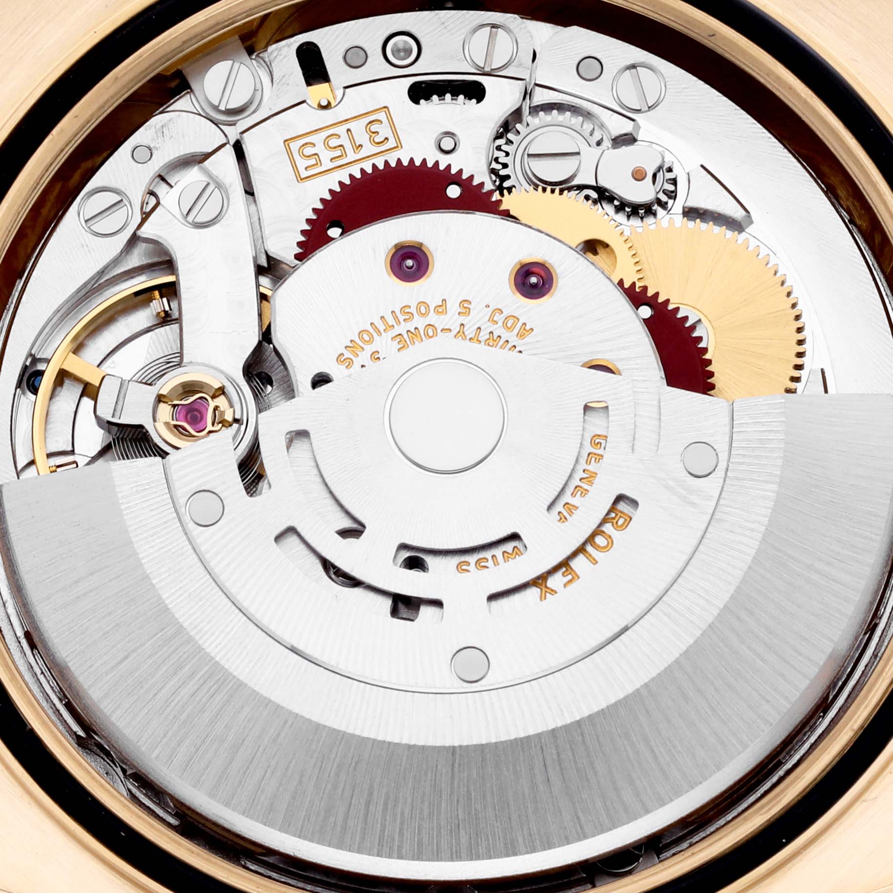 This image shows the movement mechanism of a Rolex President 118208 Men
s Yellow Gold Mother of Pearl Dial 118208 Men
s Yellow Gold Mother of Pearl Dial model watch, with gears and rotors visible.