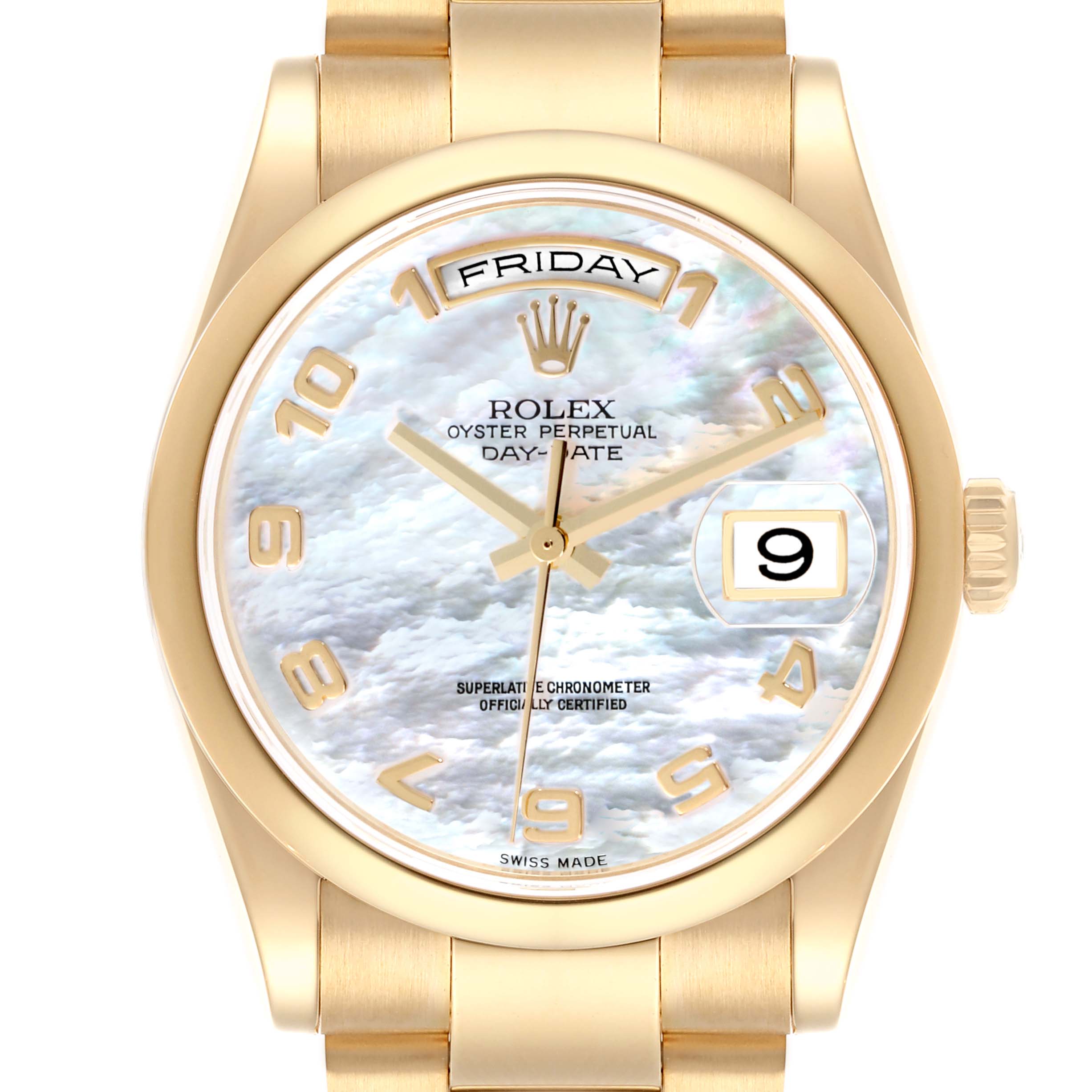 The Rolex President 118208 Men
s Yellow Gold Mother of Pearl Dial 118208 Men
s Yellow Gold Mother of Pearl Dial model watch is shown from a front angle, displaying the dial, crown, and part of the bracelet.