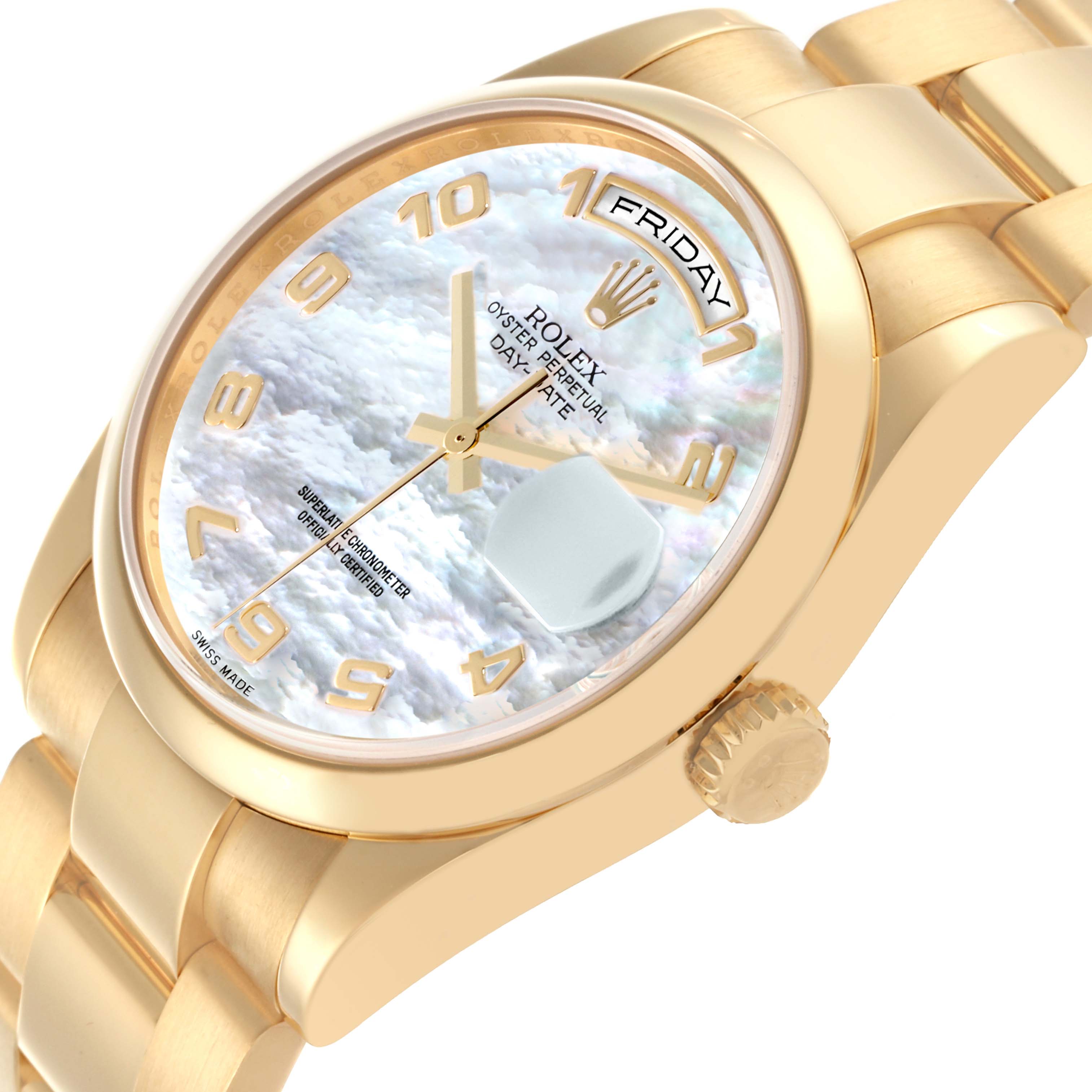 The Rolex President 118208 Men
s Yellow Gold Mother of Pearl Dial 118208 Men
s Yellow Gold Mother of Pearl Dial model is shown at an angled view highlighting the face, date, and gold bracelet.