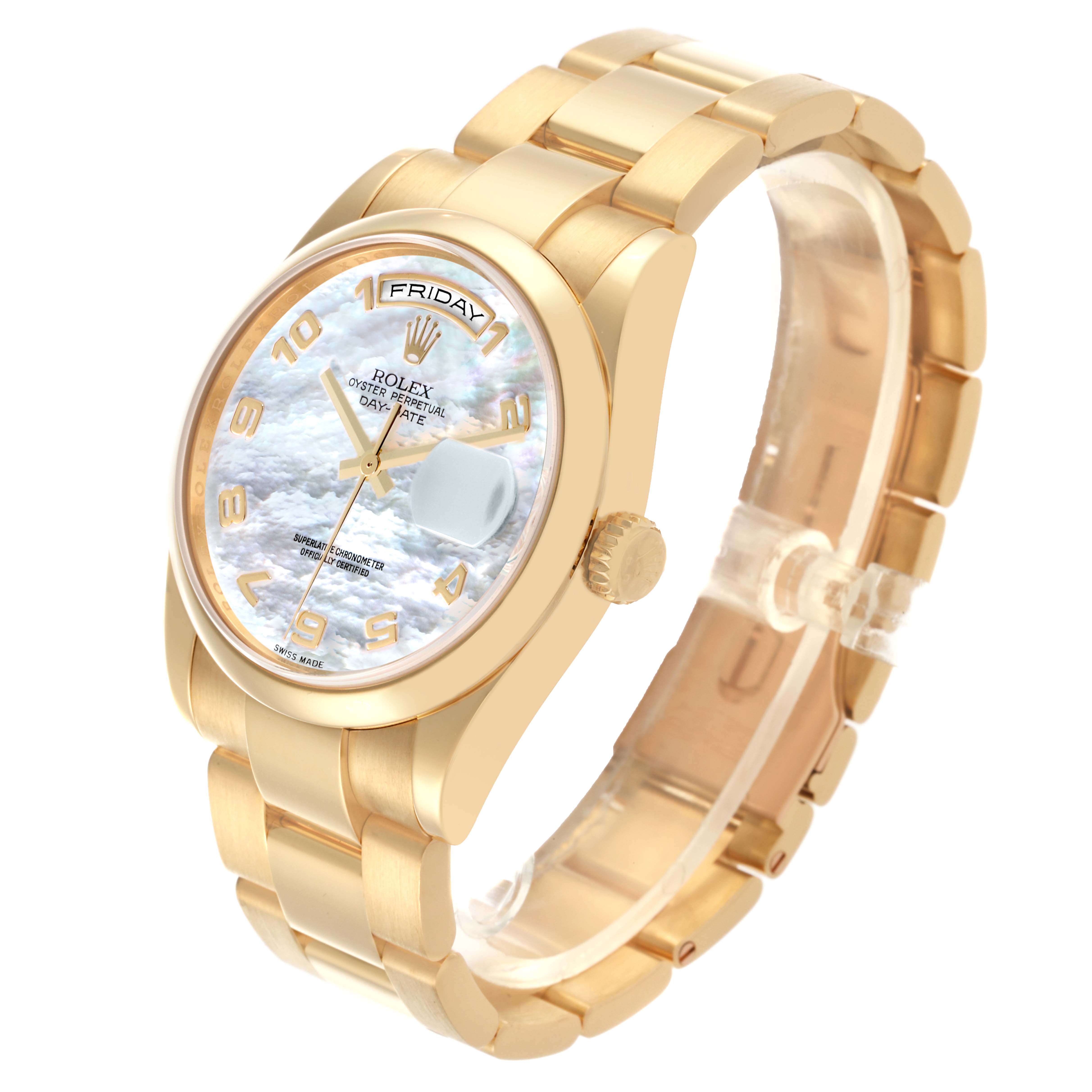 The Rolex President 118208 Men
s Yellow Gold Mother of Pearl Dial 118208 Men
s Yellow Gold Mother of Pearl Dial model is shown at an angle highlighting the face, crown, and part of the bracelet.