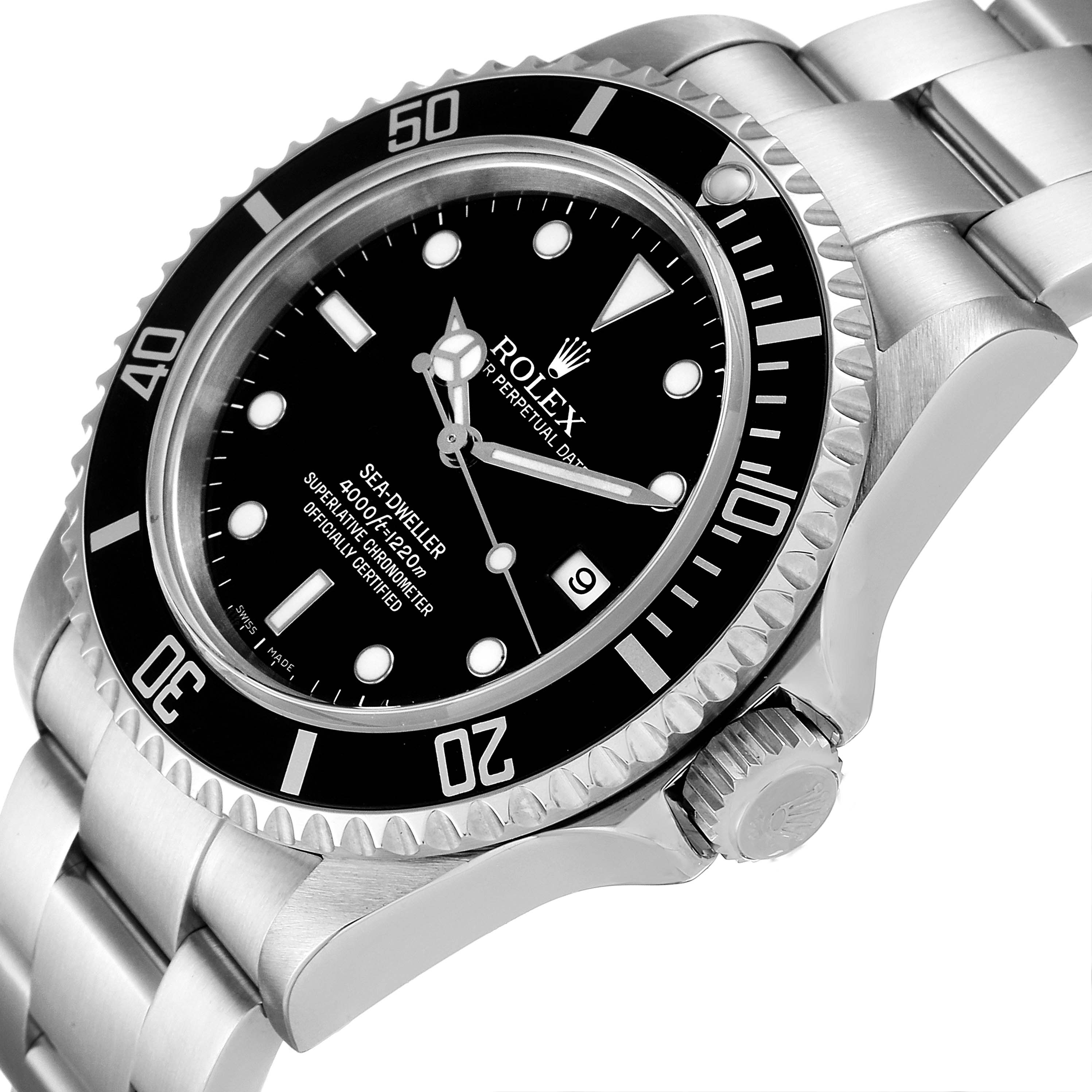 The image shows a Rolex Sea-Dweller 16600 Men
s Stainless Steel Black Dial 16600 Men
s Stainless Steel Black Dial watch from an angled perspective, highlighting the black dial, bezel, and part of the bracelet.