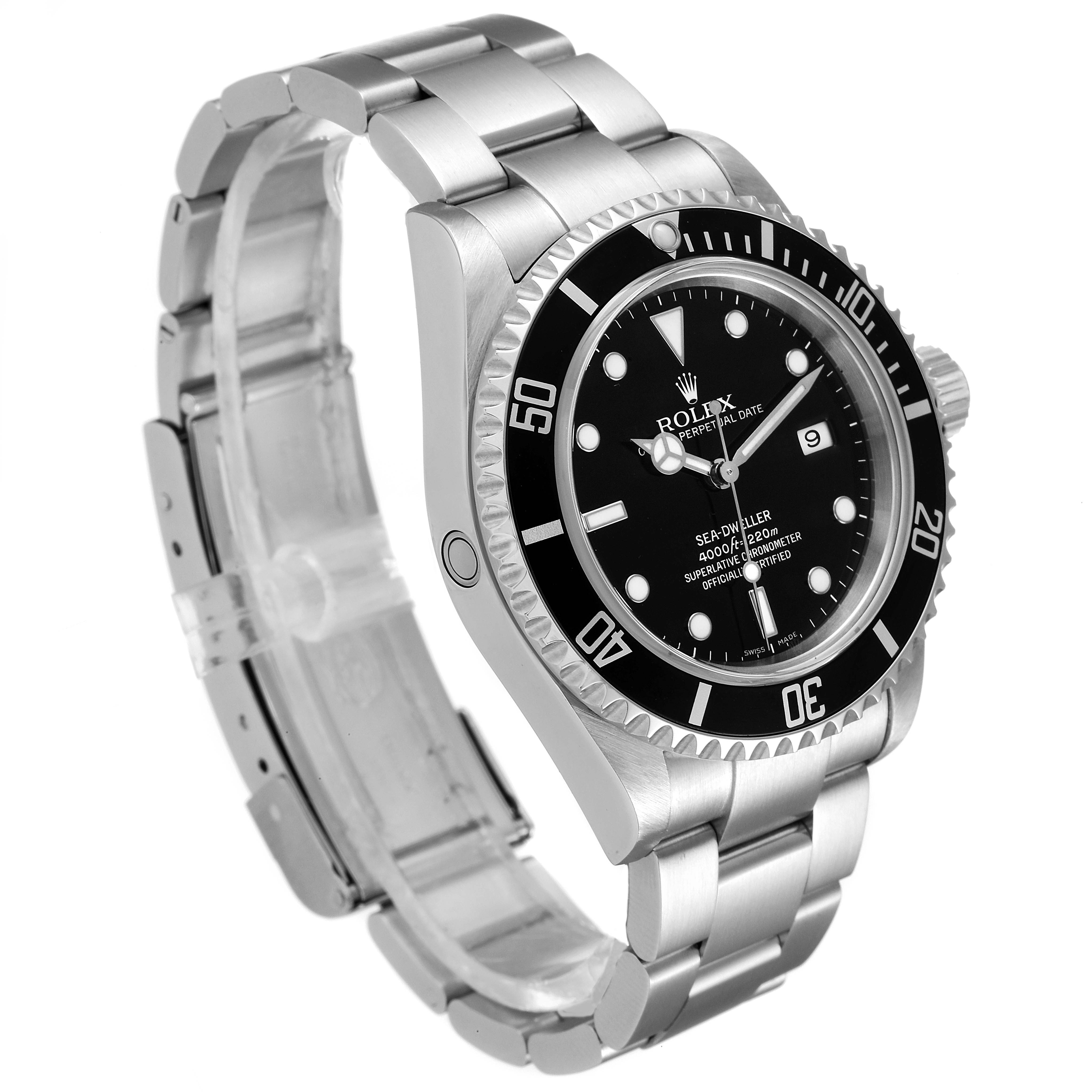 The Rolex Sea-Dweller 16600 Men
s Stainless Steel Black Dial 16600 Men
s Stainless Steel Black Dial watch is shown at a three-quarter angle, highlighting its face, bezel, crown, and metal bracelet.