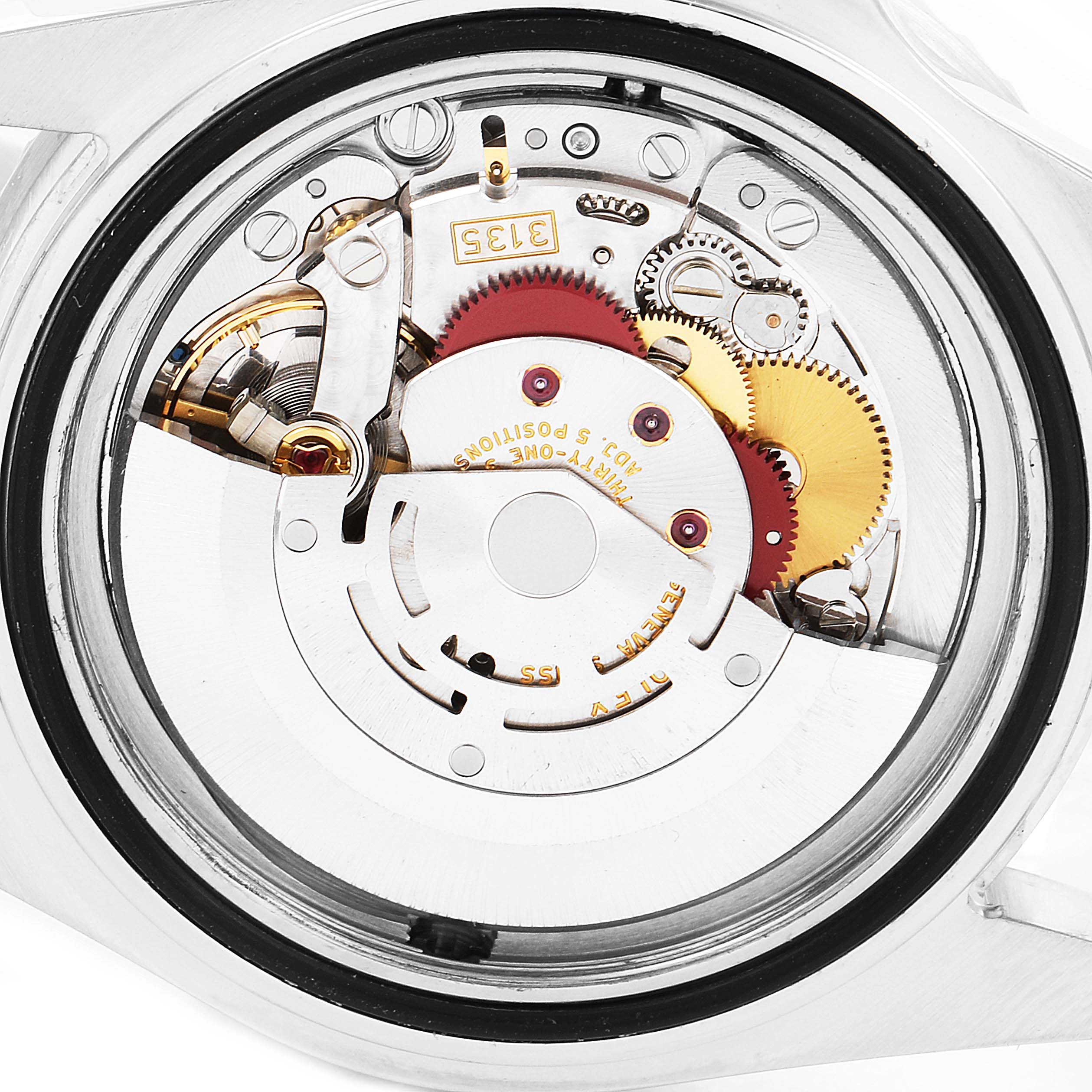 The image shows the internal movement mechanism of a Rolex Sea-Dweller 16600 Men
s Stainless Steel Black Dial 16600 Men
s Stainless Steel Black Dial watch, revealing gears and components.