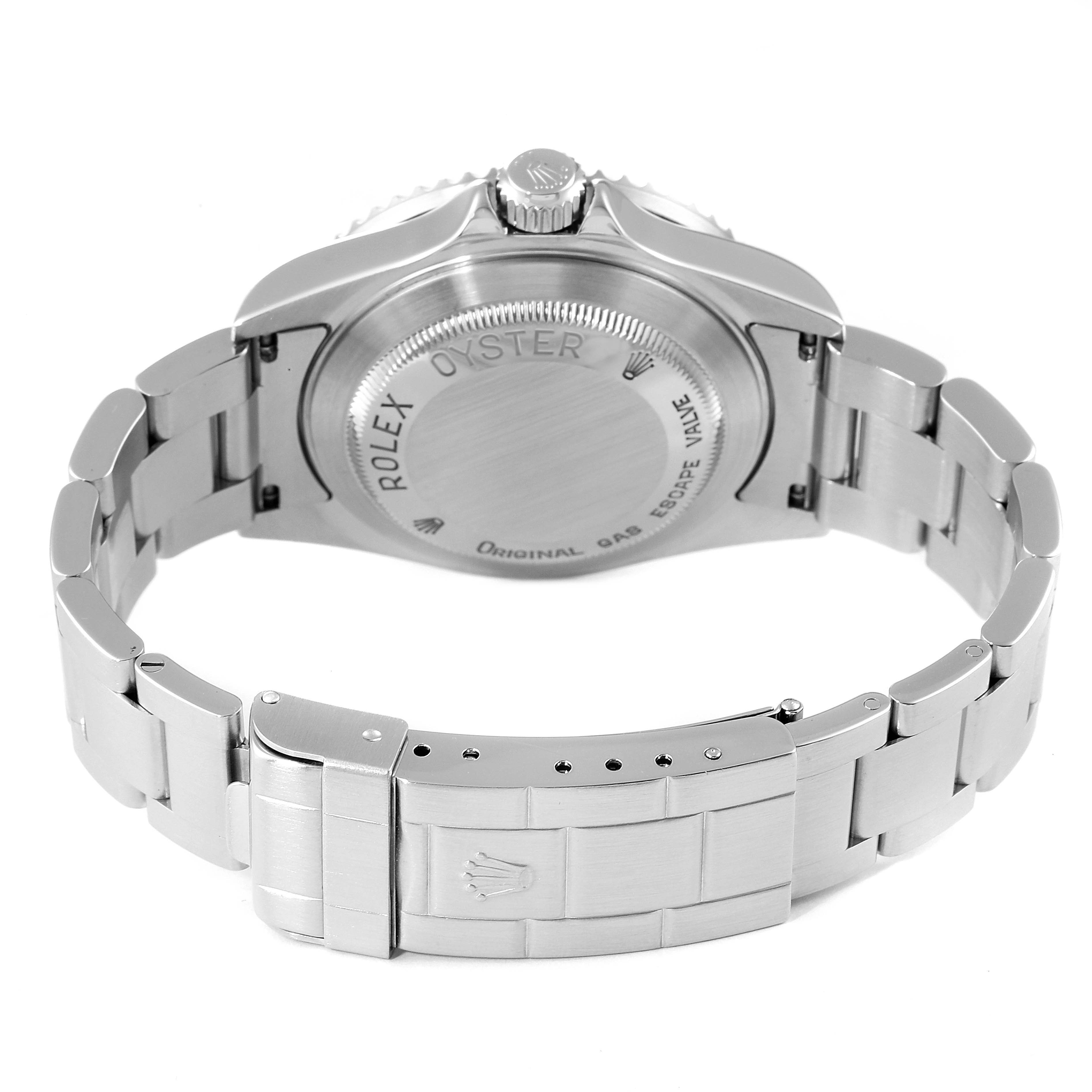 The image shows the back view of a Rolex Sea-Dweller 16600 Men
s Stainless Steel Black Dial 16600 Men
s Stainless Steel Black Dial watch, highlighting the case back, bracelet, and clasp.