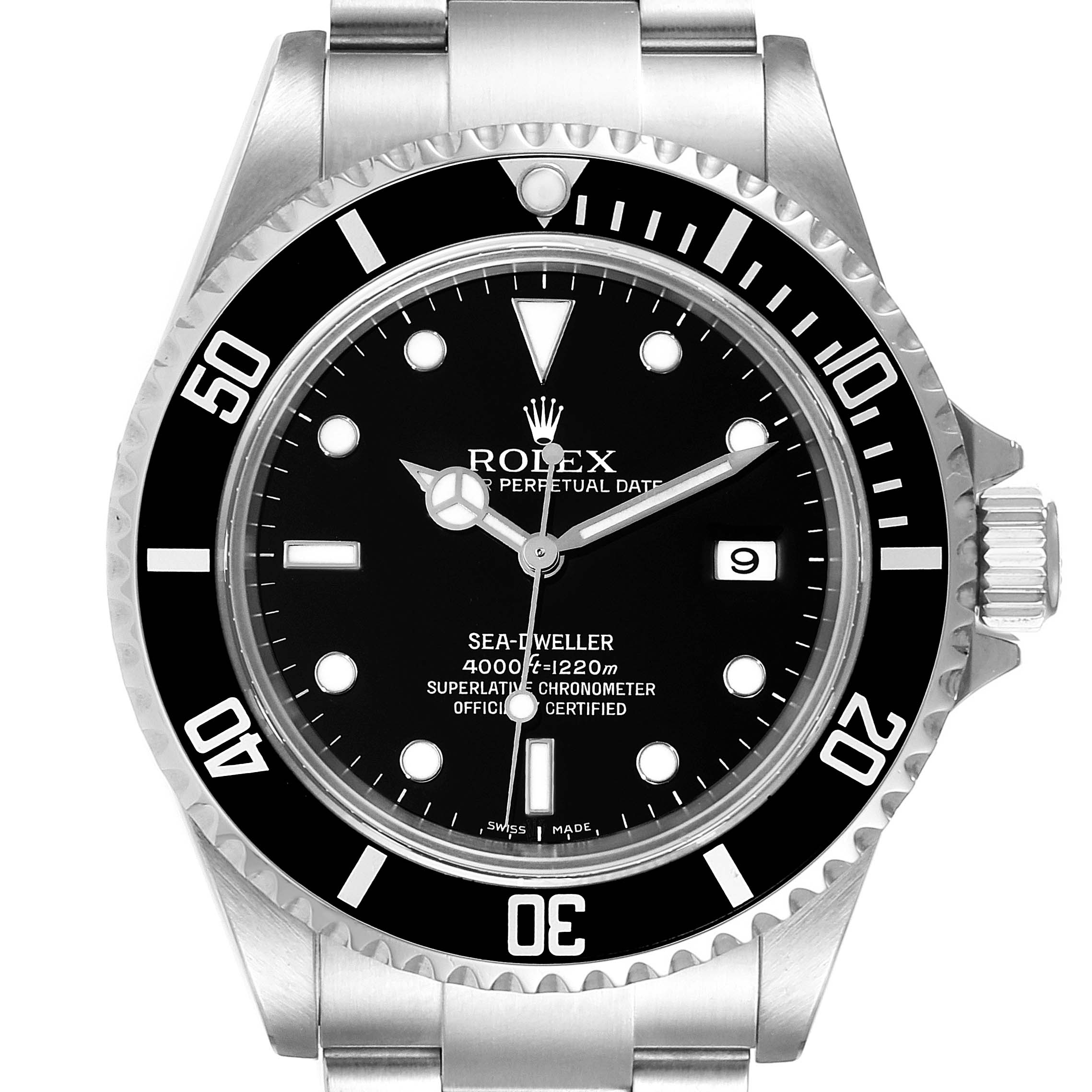 This image shows a frontal view of the main face of the Rolex Sea-Dweller 16600 Men
s Stainless Steel Black Dial 16600 Men
s Stainless Steel Black Dial watch, highlighting the dial, bezel, and bracelet.