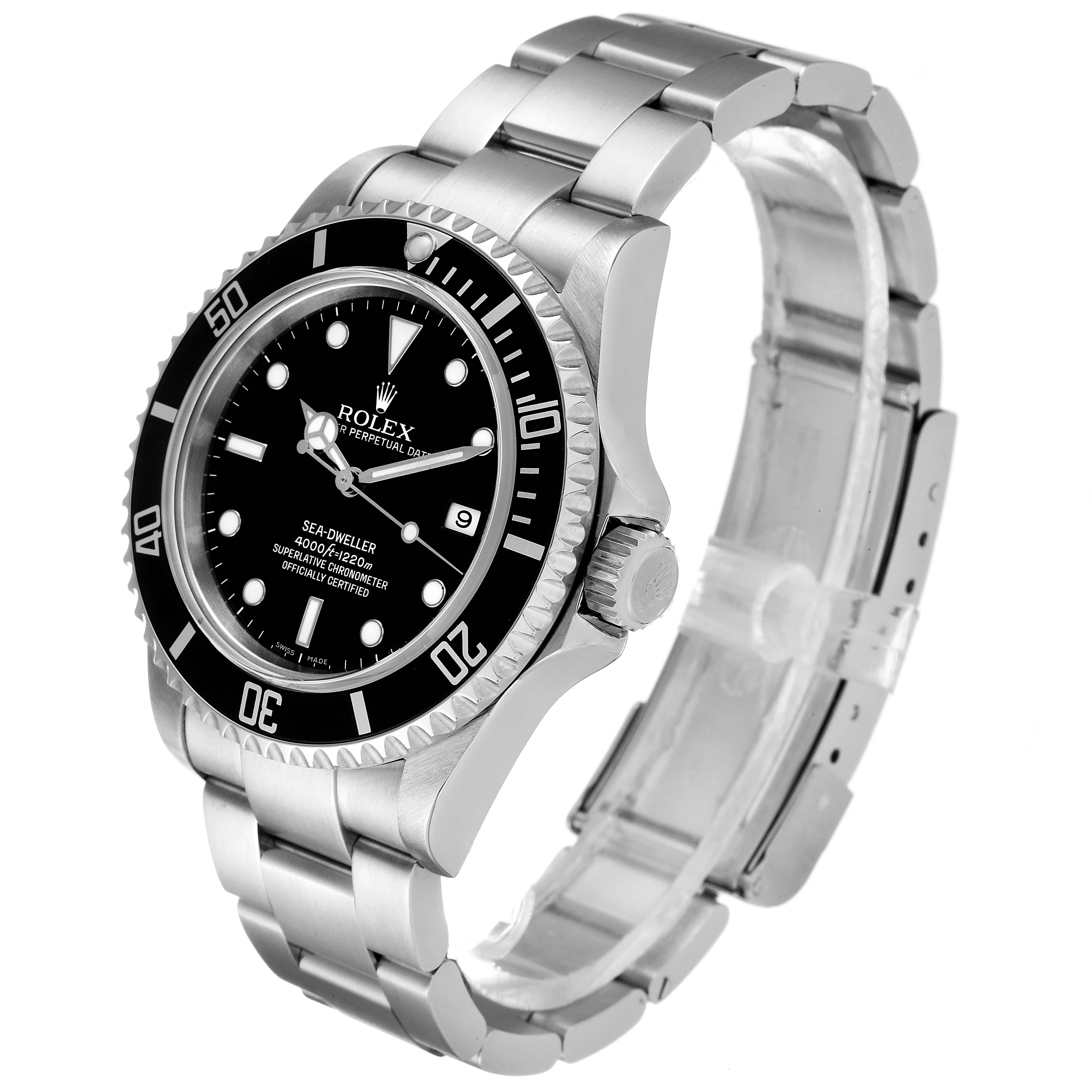 This image shows a Rolex Sea-Dweller 16600 Men
s Stainless Steel Black Dial 16600 Men
s Stainless Steel Black Dial watch from a three-quarter angle, highlighting the face, bezel, case, and bracelet.
