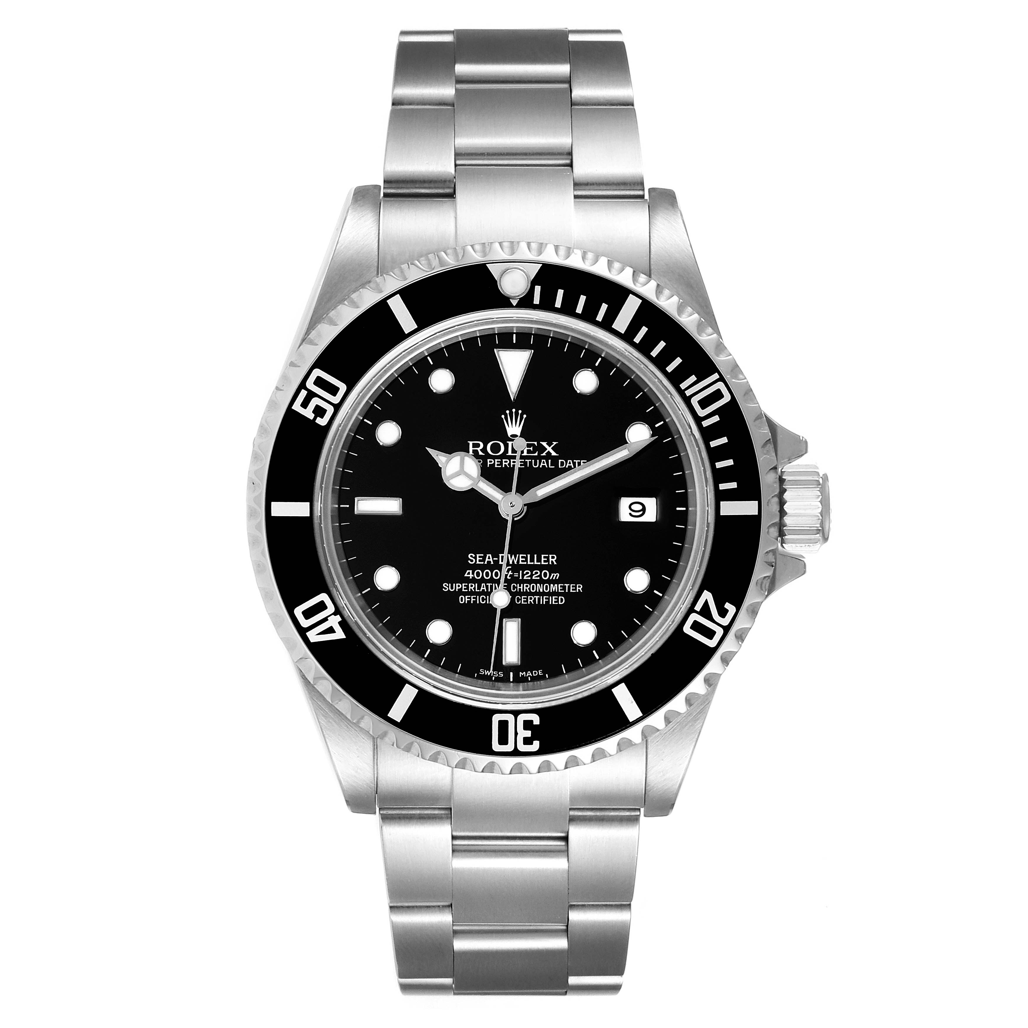The image shows a front view of a Rolex Sea-Dweller 16600 Men
s Stainless Steel Black Dial 16600 Men
s Stainless Steel Black Dial watch, displaying its black dial, date window, bezel, and stainless steel bracelet.